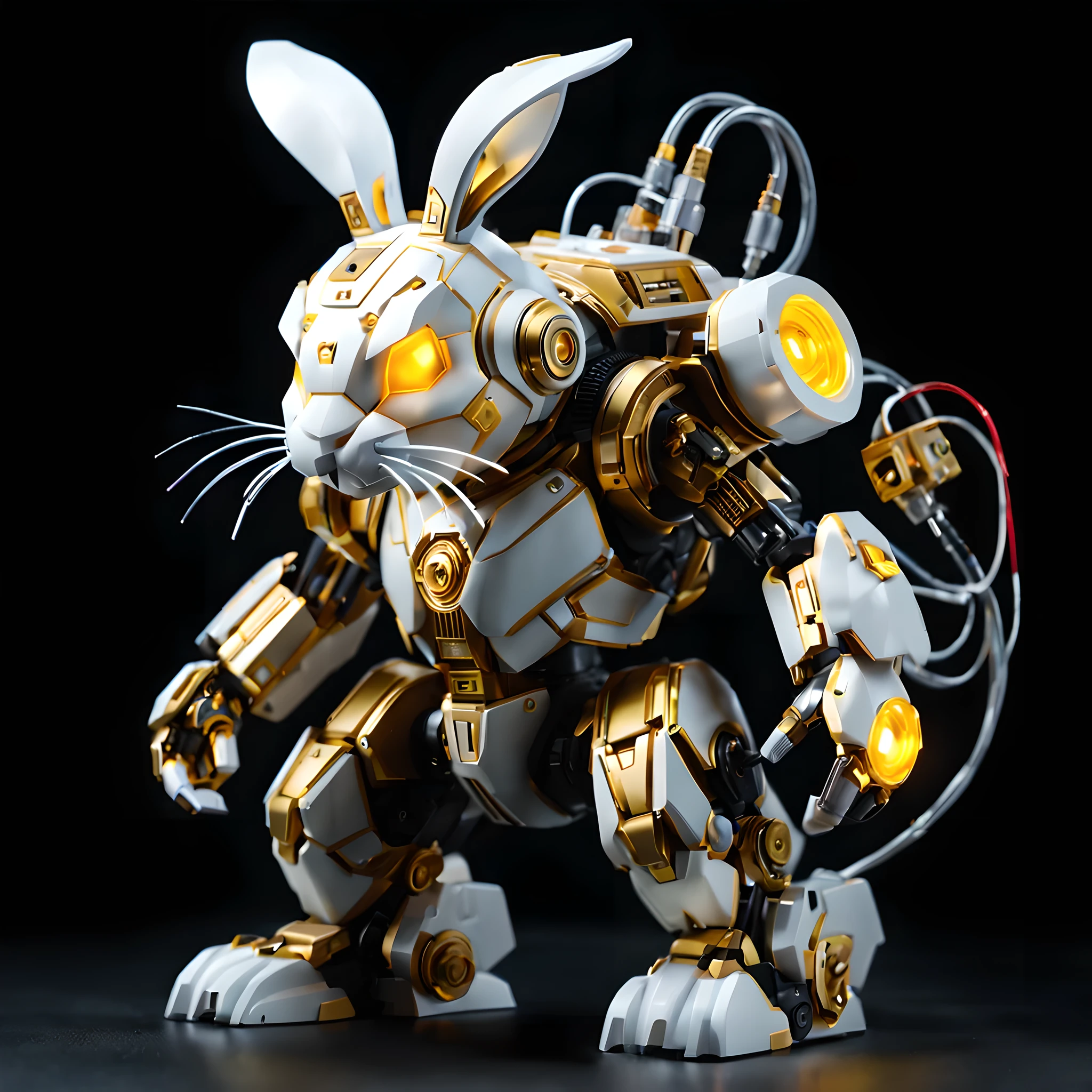 (Blind box toy style:1.2),full view, Pure black background, A big-headed rabbit mecha stands on the ground,Get into a fighting stance. Giant rabbit-headed Isis made of precision electronic components, gear, integrated circuit, electric wire.translucent face mask, glowing eyes, Mechanical ears. White and yellow color scheme, (Well-designed, high detail, masterpiece, best quality, ultra high definition, Sharpen details, metallic feel)