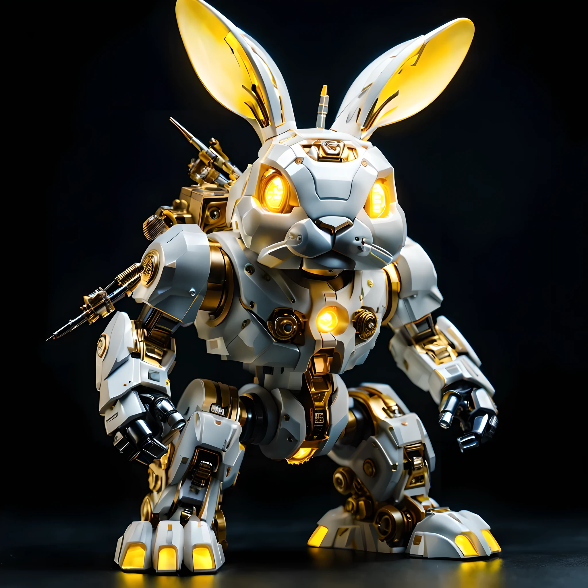 (Blind box toy style:1.2),full view, Pure black background, A big-headed rabbit mecha stands on the ground,Get into a fighting stance. Giant rabbit-headed Isis made of precision electronic components, gear, integrated circuit, electric wire.translucent face mask, glowing eyes, Mechanical ears. White and yellow color scheme, (Well-designed, high detail, masterpiece, best quality, ultra high definition, Sharpen details, metallic feel)