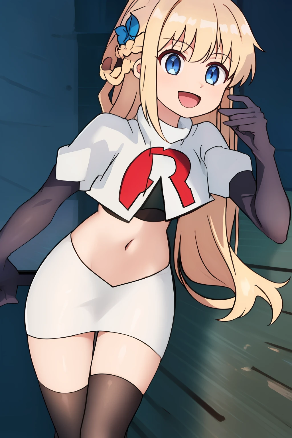 luna, 1girl, solo, long_hair, bangs, blue_eyes, blonde_hair, hair_ornament, ponytail, braid, flower, :d, hair_flower, blue_flower, team rocket,team rocket uniform, red letter R, white skirt,white crop top,black thigh-highs ,black elbow gloves
