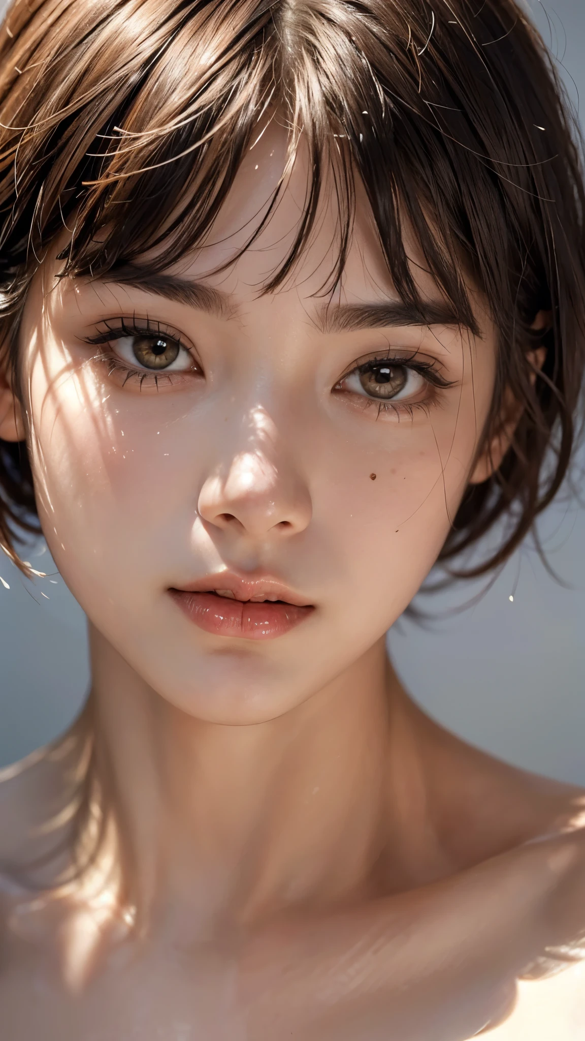 (((Masterpiece))), (((portrait))), Kujou Sara, diffused light, dynamic shadows, sharp focus, realistic, detailed, highres, absurdres, white background, no bra, photorealistic, lifelike, wet, mascara, blushing, sleeveless, youthful appearance, pee stain, white panties, (((nudist))), (((swept bangs))), (((side braided ponytails))), (((lips apart))), (((side))),