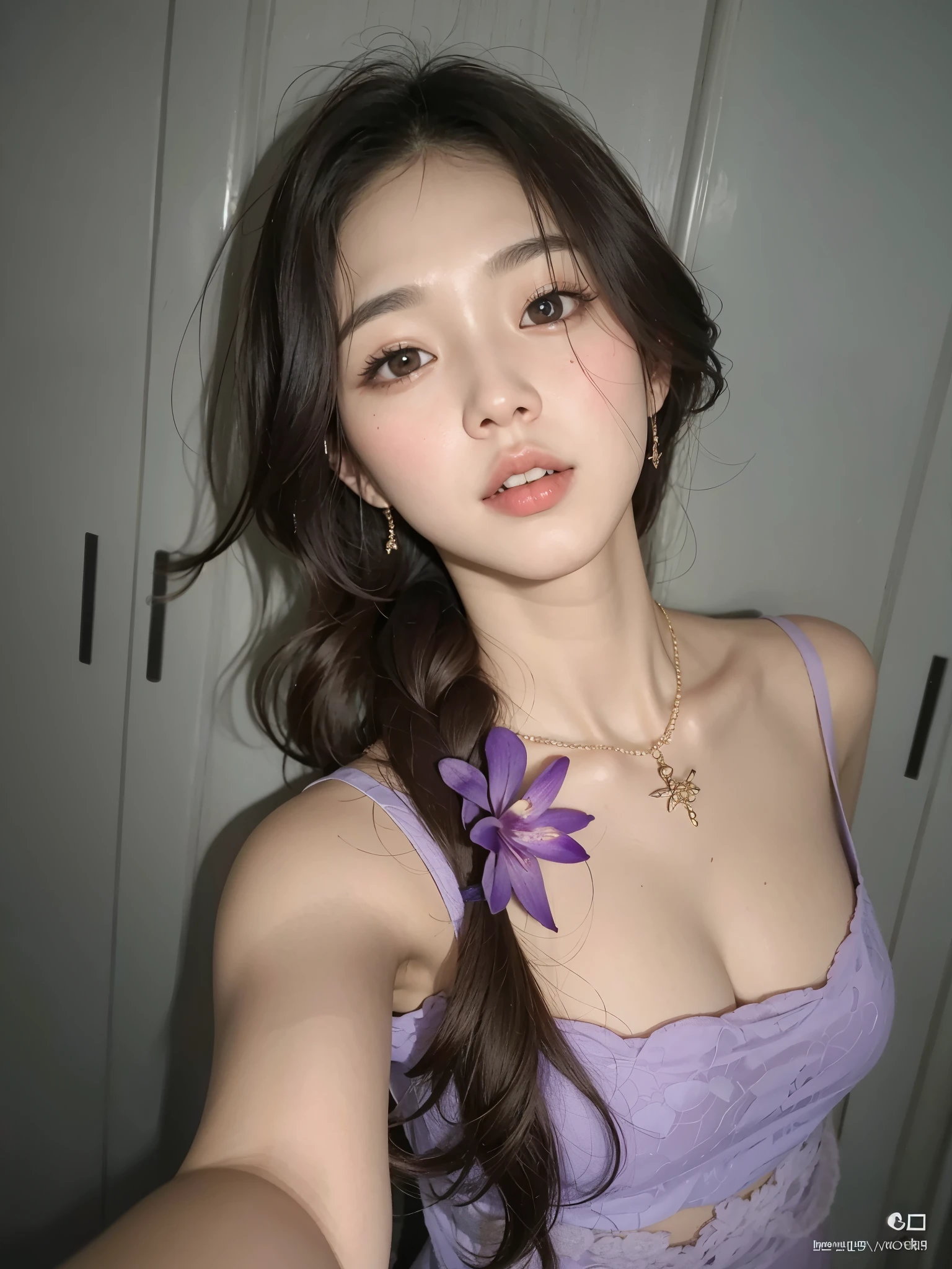 Arafed Asian woman wearing a purple flower necklace and a necklace., her face looks like an orchid, heonhwa choe, hermosa joven coreana, jinyoung shin, hermosa mujer surcoreana, sakimichan, hermosa joven coreana, ulzzang, jiyun chae, lee ji-eun, lee ji - eun, sun yunjoo