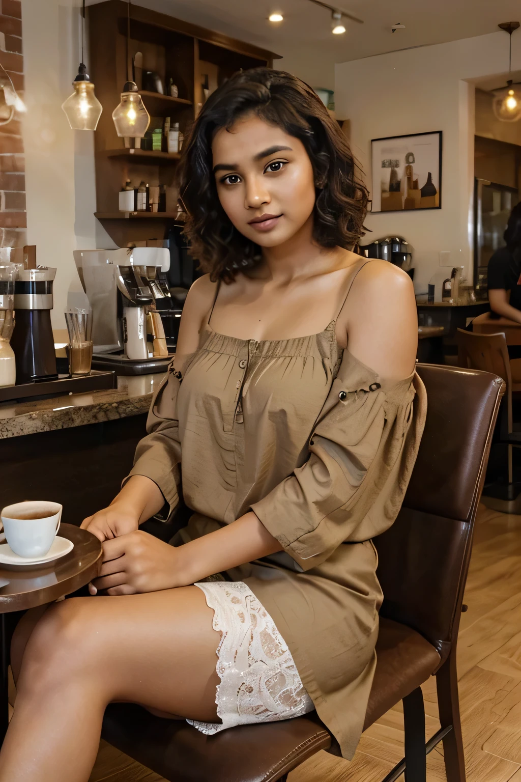 young indian woman 25 years old, curly short shoulder length hair, hazel greenish eyes, coffee brown skin, conservatively dressed creme colored blouse, sitting in a chair at a coffee shop