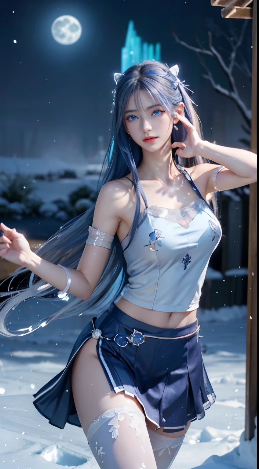(logo, masterpiece, 8k, table top, RAW photo, wonderful, 最high quality, Photorealistic and hvery detailed CG integrated 8k wallpaper, high quality, very detailed, Narrative poem, particle effects, dynamic effects, written boundary depth, cinematic light, Lens flare, ray tracing)), fantasy, ((1 beautiful woman, clear blue eyes, 銀色のlong hair, beautiful face, real face, beautiful detailed eyes, beautiful skin, woman dancing gracefully:1.7, woman dancing gracefully:1.7)), long hairがWindでなびく, long hairが跳ねる, long hairがWindで踊る, hair jump, jewelry, tattoo, Hanfu, chinese fairy, taoist uniform, silver earrings, ((night, Wind, darkness, full moon, night空, 雪とhoarfrost, very cold winter day, snow-capped mountainや森, hoarfrost, snow-capped mountain々, The beauty and brilliance of frost-covered trees, The tranquility and beauty of a world of ice and snow)), hip up, beautiful eyes, long hair, ring-shaped eyes