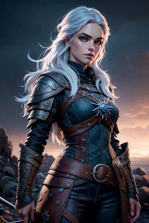 Hermosa mujer como Ciri del juego The Witcher., con pelo largo y ojos azules brillantes, obra maestra, ultra calidad, 8K, cabello cayendo sobre tus sombras, fondo la noche, Lleva una armadura medieval plateada.