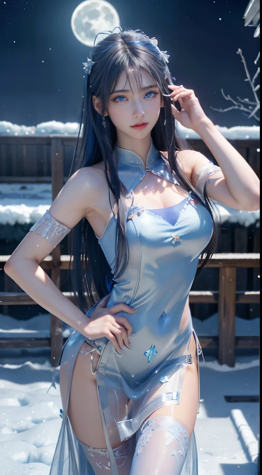 (logo, masterpiece, 8k, table top, RAW photo, wonderful, 最high quality, Photorealistic and hvery detailed CG integrated 8k wallpaper, high quality, very detailed, Narrative poem, particle effects, dynamic effects, written boundary depth, cinematic light, Lens flare, ray tracing)), fantasy, ((1 beautiful woman, clear blue eyes, 銀色のlong hair, beautiful face, real face, beautiful detailed eyes, beautiful skin, woman dancing gracefully:1.7, woman dancing gracefully:1.7)), long hairがWindでなびく, long hairが跳ねる, long hairがWindで踊る, hair jump, jewelry, tattoo, Hanfu, chinese fairy, taoist uniform, silver earrings, ((night, Wind, darkness, full moon, night空, 雪とhoarfrost, very cold winter day, snow-capped mountainや森, hoarfrost, snow-capped mountain々, The beauty and brilliance of frost-covered trees, The tranquility and beauty of a world of ice and snow)), hip up, beautiful eyes, long hair, ring-shaped eyes