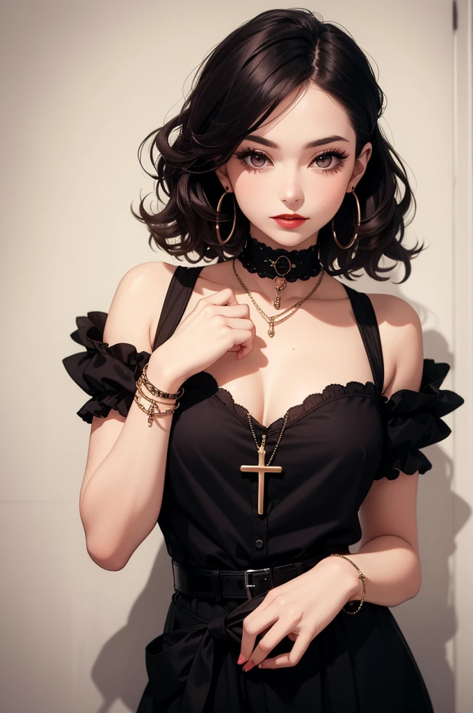 The image displays a young woman with a style reminiscent of the 1920s fashion blended with a modern twist. She has wavy hair, short at the nape with longer, voluminous curls on top, dyed with a transition from dark brown to pale pink. Her makeup is flawless, featuring lined eyes, long lashes, and red lips., She wears an elegant short-sleeved black blouse with a polka dot pattern and details of golden hearts, and sports a matching belt that cinches her waist. The blouse has a modest neckline and is adorned with a hanging cross pendant. Accessories include various bracelets and bangles of gothic style, as well as large hoop earrings., Her stance is flirty and confident, with one hand on her hip and the other gently touching her neck, giving the impression that she is posing with assurance and a playful attitude., masterpiece, textured skin, super detail, best quality, highres