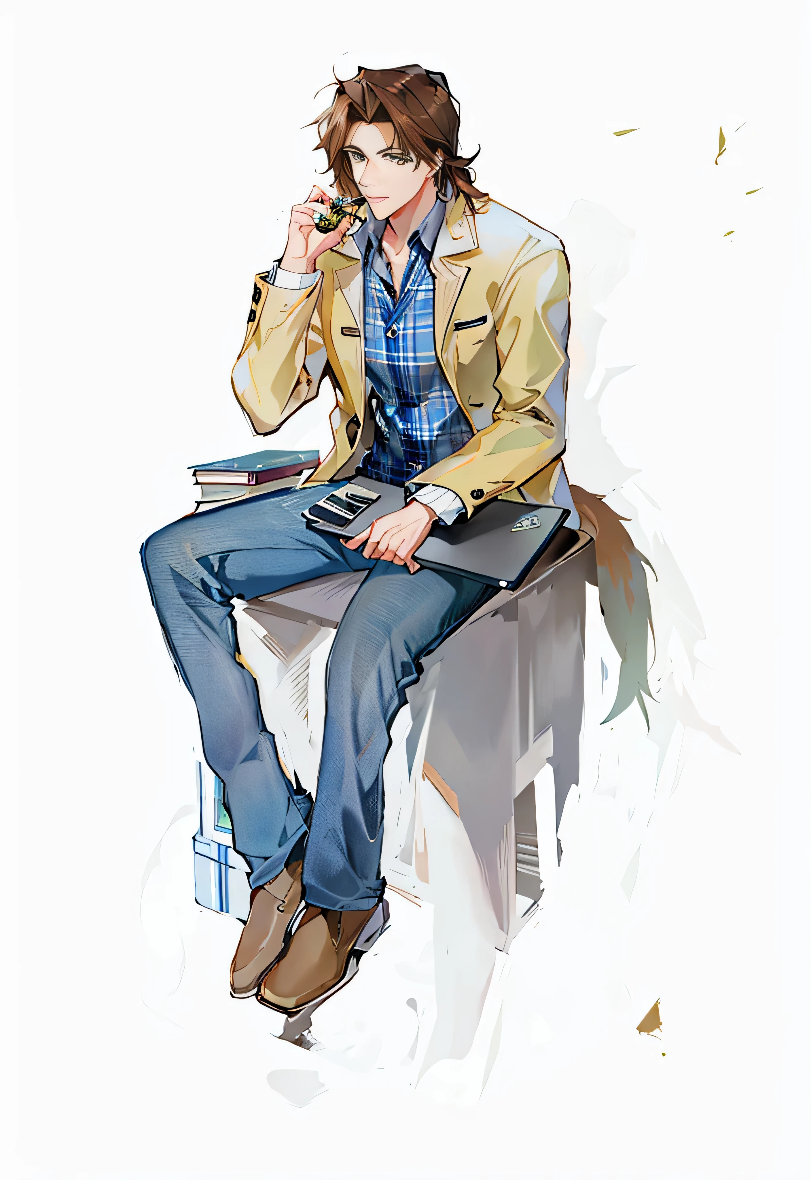 two-dimensional,cartoon,handsome man,young people, Wearing a plaid shirt and jacket,jeans,HD,4k,Correct structure,sitting,Holding laptop electronics,Answer the phone,Medium parted slightly long hair,brown hair green eyes,sit on the table,There are books on the table,面部Correct structure,Has a dog tail and ears,