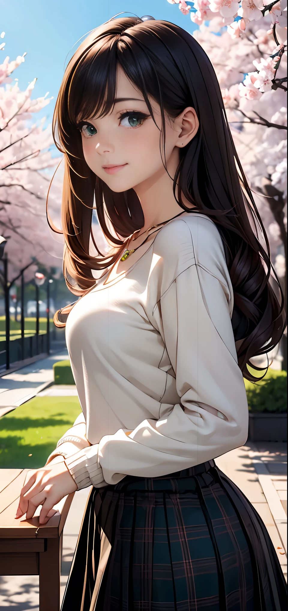 ((table top, highest quality, High resolution, nffsw, perfect pixel, Depth of written boundary, 4k, nffsw, nffsw))), 1 girl, single, alone, beautiful anime girl, beautiful art style, anime character, ((long hair, bangs, brown hair)), ((green eyes:1.4, round eyes, beautiful eyelashes, realistic eyes)), ((detailed face, blush:1.2)), ((smooth texture:0.75, realistic texture:0.65, realistic:1.1, Anime CG style)), dynamic angle, ((black sweater, long sleeve, black skirt, plaid skirt, Snazzy, 1 diamond necklace)), smile, amusement park, ((cherry blossoms, cherry blossomsの花が散る))