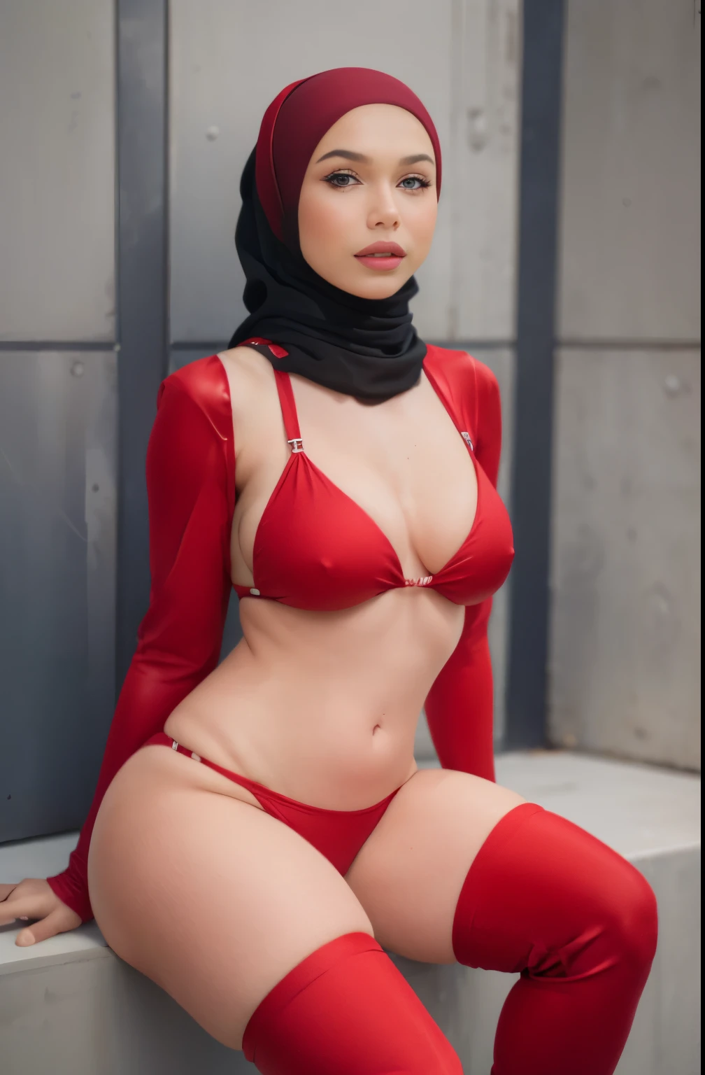 highest quality,shiny skin, a woman with hijab, full bikini with hijab woman, (whole body), ((pink tattoo below navel)), brown eyes,(heavy big breasts), (Chubby body type),(thighs thighs thighs),((red and black high thigh boots )),((Red and black bikini)),sitting,spread your legs,(Condescending eyes),from the front,(prison),night
