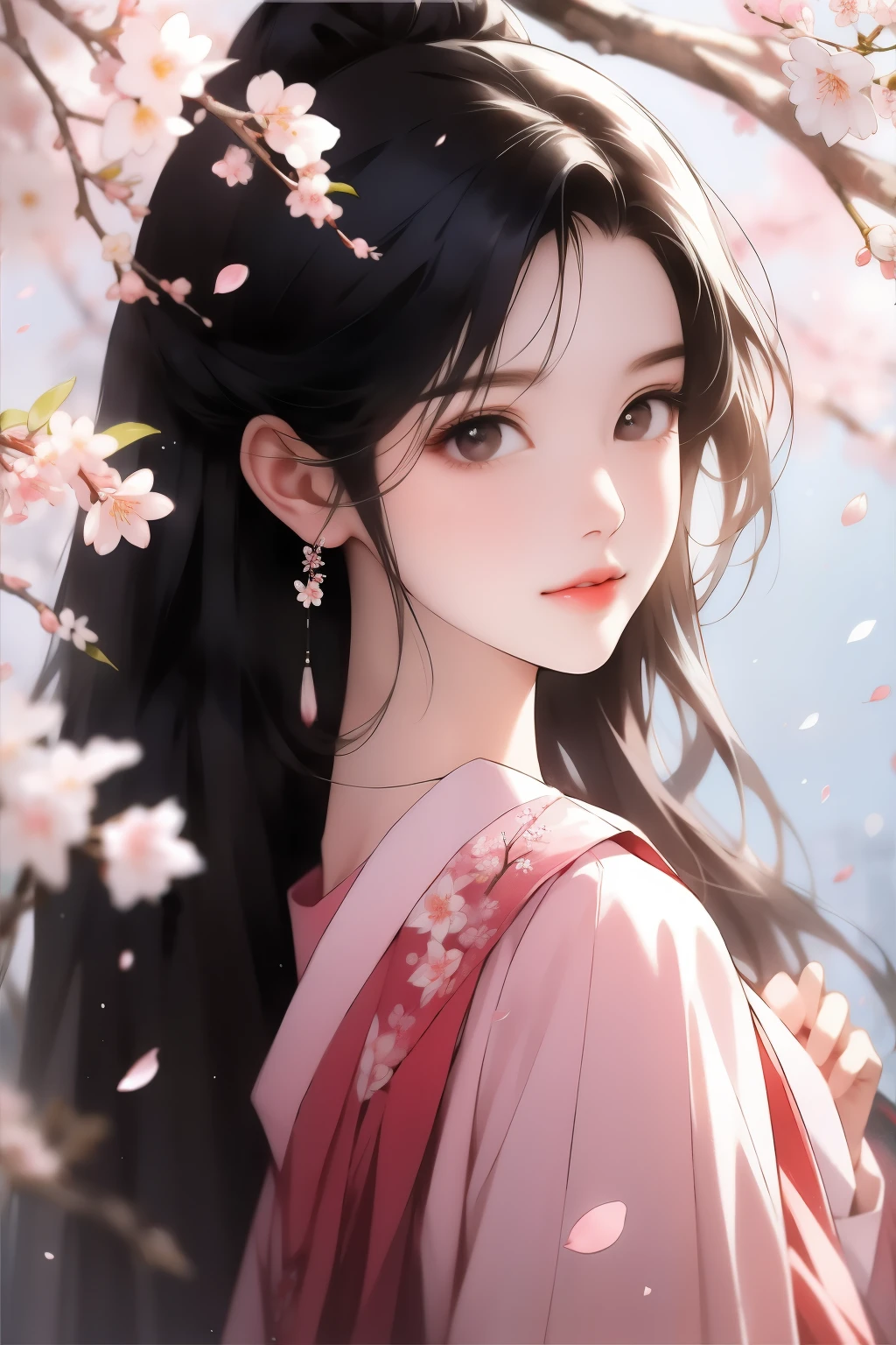 cherry_blossoms, falling_petals, solo,1girl,upper body, looking at viewer,