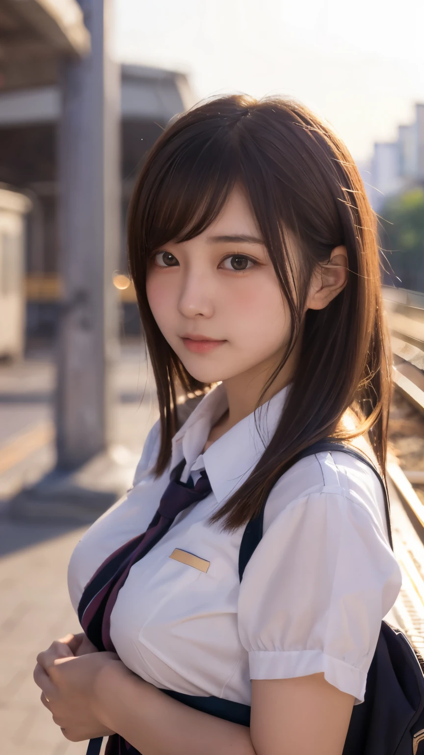 (masterpiece:1.2, highest quality), bokeh, 1 high school girl,
(Japanese idle:1.6), Plump breast, Blushed face, Looking at the viewer, standing at the train railway, high school uniform:1.6), sundown, Close up,