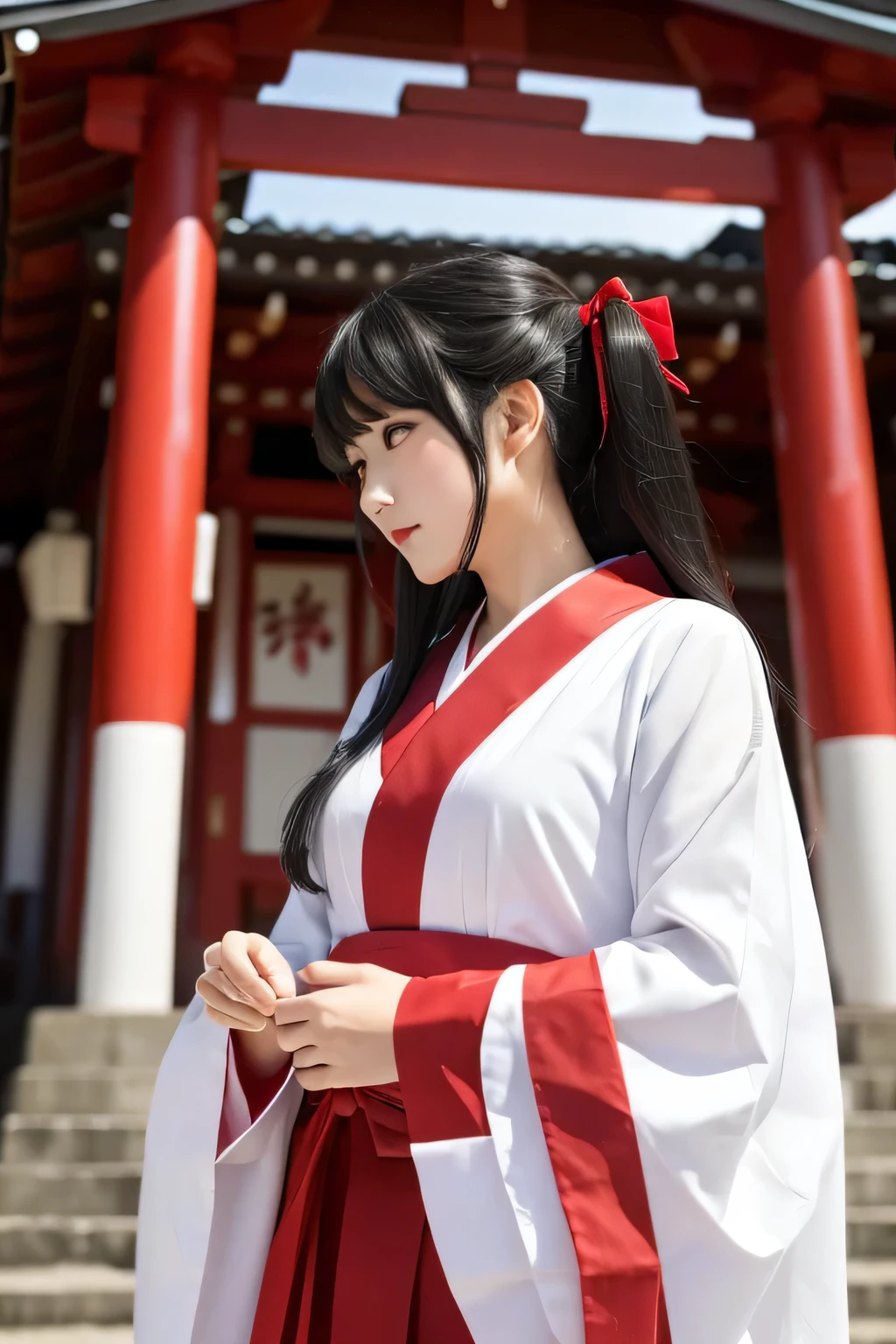 white and red shrine maiden clothes、Adult Beautiful Priestess、Black Hair Upstyle、((whole body))、(((photo taken from below)))、shrine
