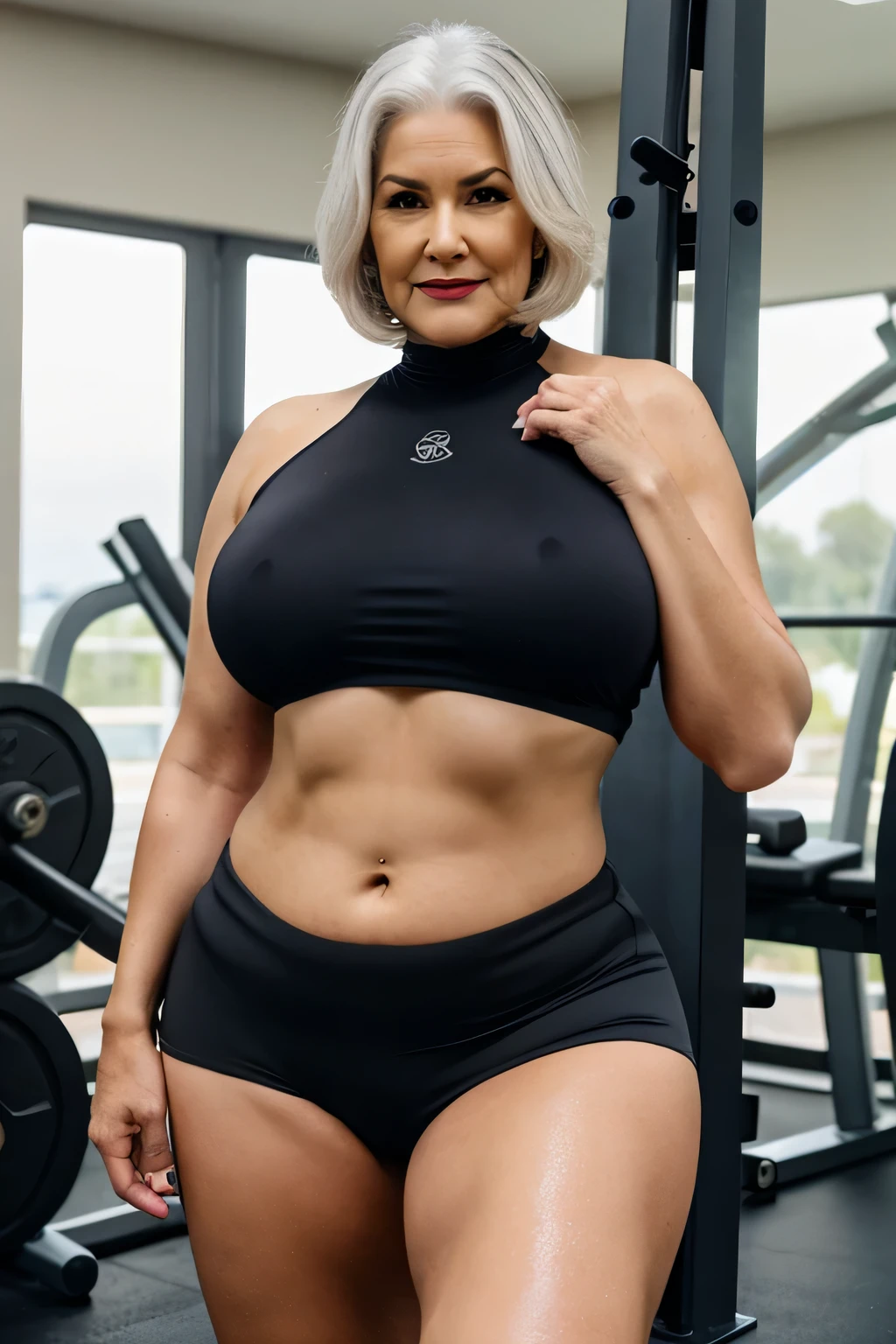 gordo, uma linda mulher de 70 anoaduro), ((vestindo uma linda roupa de fitness)), Shorts de lycra, Realista, Gordinho, rosto liso, Olhos perfeitos, symmetrical, 8K high definition, incrivelmente detalhado, intricado, elegante, arte de David Kostic e Stanley Lau e Artgerm, pele perfeita, lindo atemporal, gordo, maduro, (Seios enormes:0.8), pele molhada, batom, cabelo grisalho, (na Academia), linda coxa, sexy, puppy position, treinamento, gordo, cara feliz