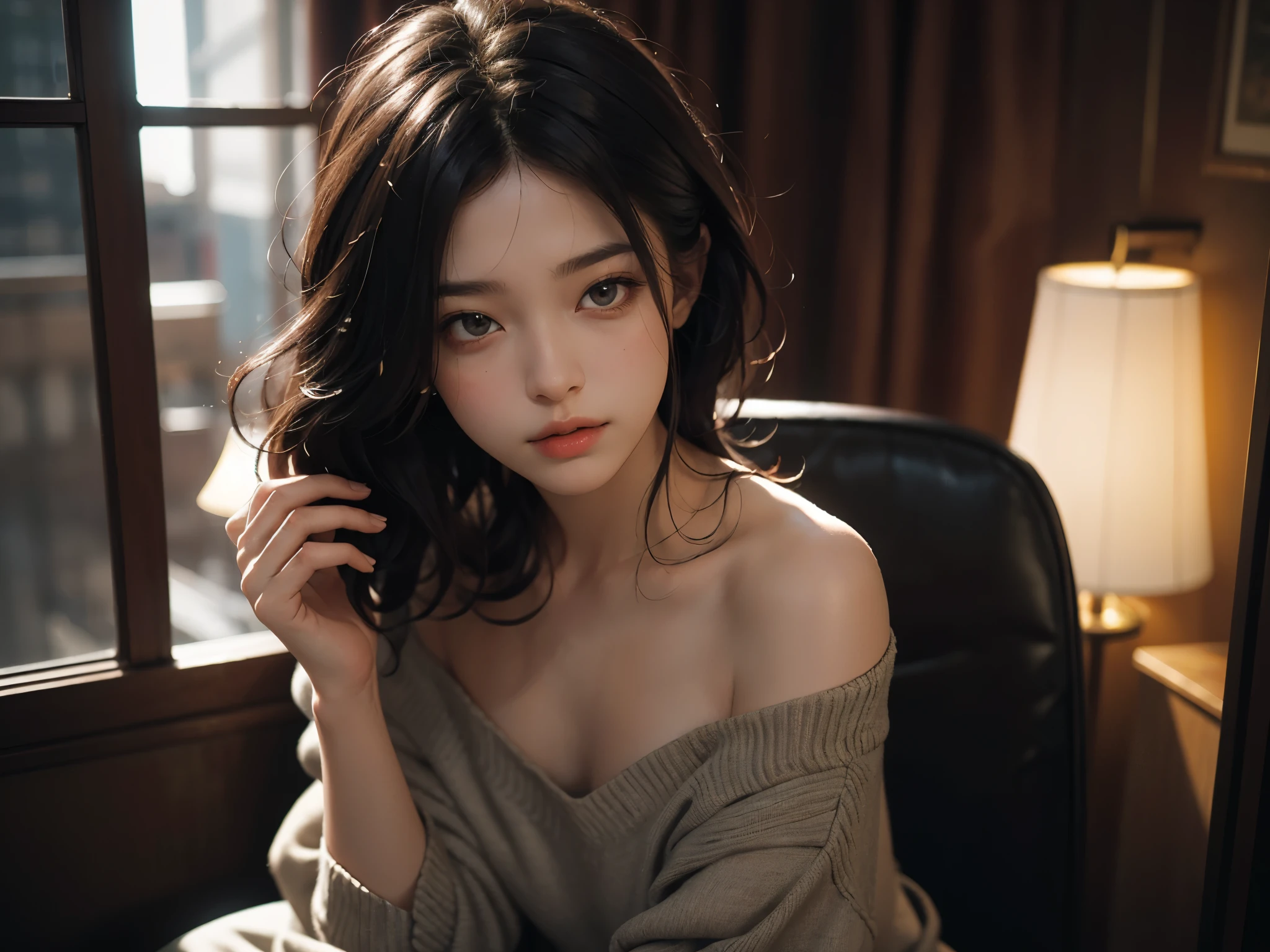 1 girl, Best quality, masterpiece, ultra high res, (photorealistic:1.4), raw photo, 1girl, beautiful off shoulder dress, cinematic lighting, half body view, half body shot