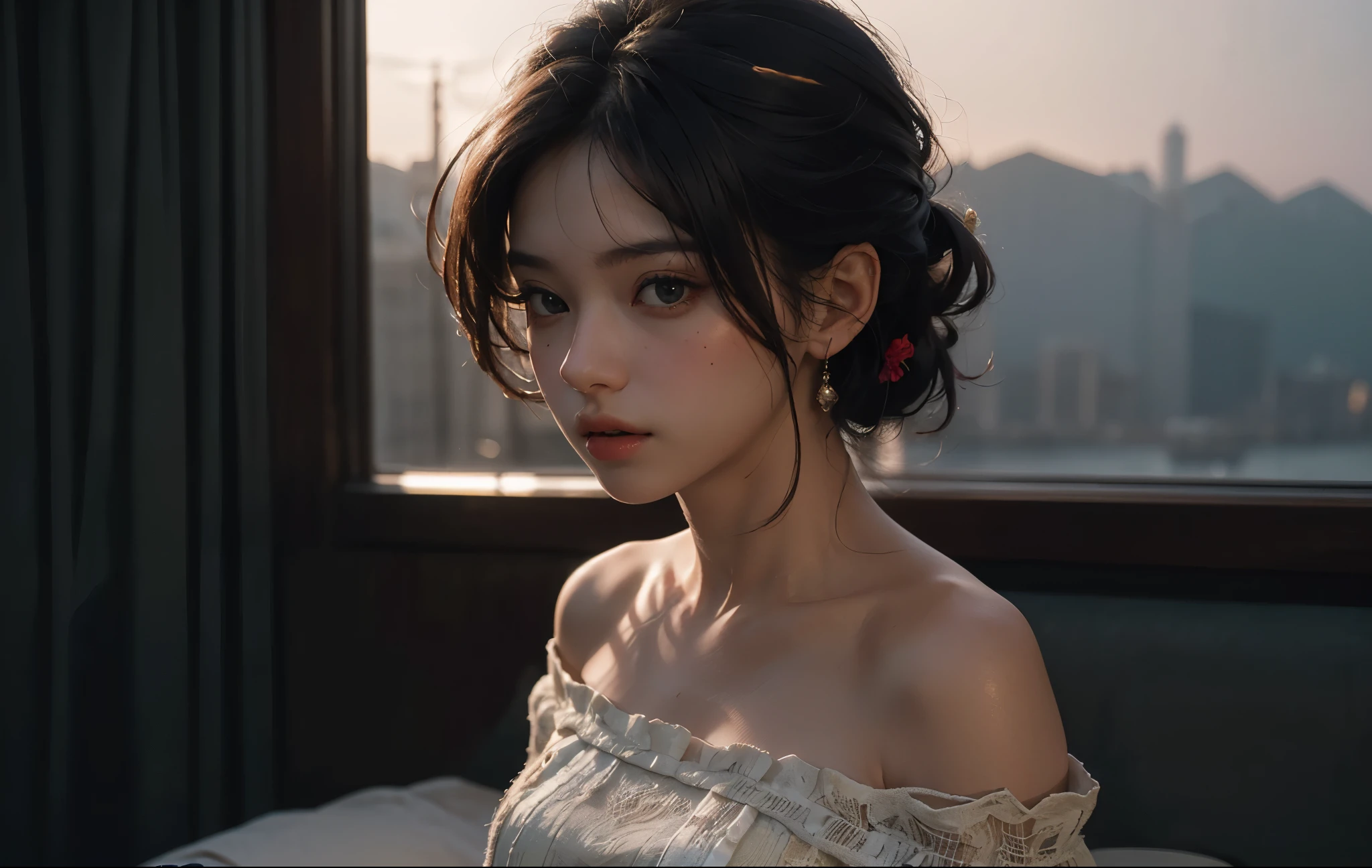 1 girl, Best quality, masterpiece, ultra high res, (photorealistic:1.4), raw photo, 1girl, beautiful off shoulder dress, cinematic lighting, half body view, half body shot