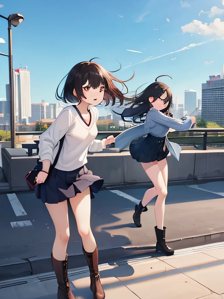 Anime girl in short skirt and boots running across a bridge - SeaArt AI