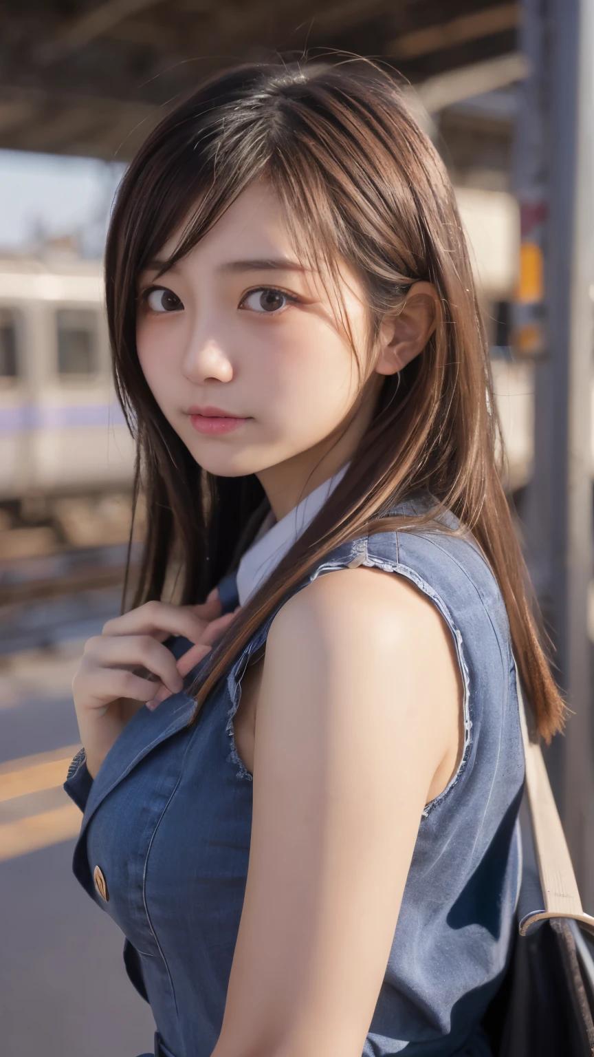 (masterpiece:1.2, highest quality), bokeh, 1 high school girl,
(Japanese idle:1.6), Plump breast, Blushed face, Looking at the viewer, standing at the train railway, high school uniform:1.6), sundown, Close up,