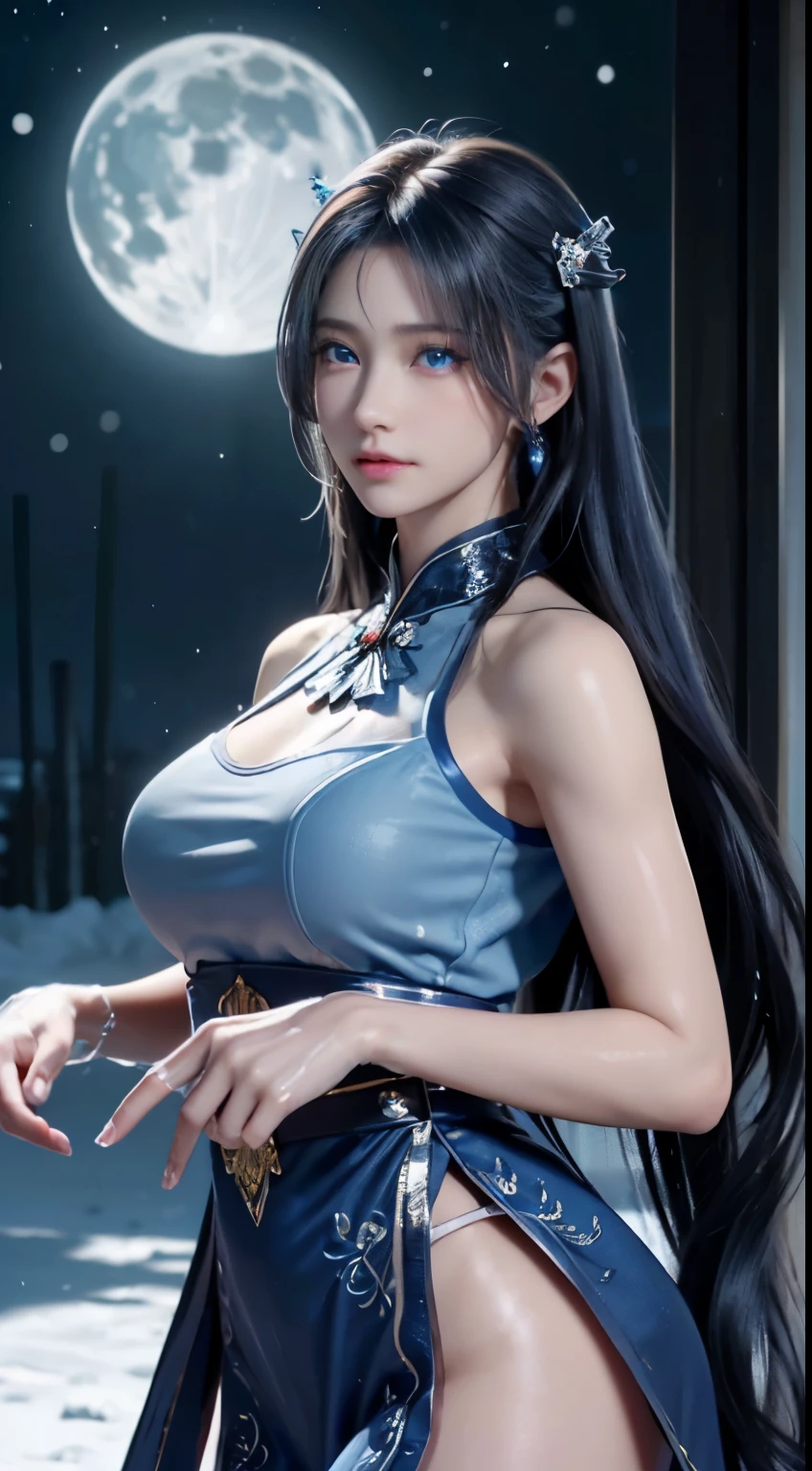 (logo, masterpiece, 8k, table top, RAW photo, wonderful, 最high quality, Photorealistic and hvery detailed CG integrated 8k wallpaper, high quality, very detailed, Narrative poem, particle effects, dynamic effects, written boundary depth, cinematic light, Lens flare, ray tracing)), fantasy, ((1 beautiful woman, clear blue eyes, 銀色のlong hair, beautiful face, real face, beautiful detailed eyes, beautiful skin, woman dancing gracefully:1.7, woman dancing gracefully:1.7)), long hairがWindでなびく, long hairが跳ねる, long hairがWindで踊る, hair jump, jewelry, tattoo, Hanfu, chinese fairy, taoist uniform, silver earrings, ((night, Wind, darkness, full moon, night空, 雪とhoarfrost, very cold winter day, snow-capped mountainや森, hoarfrost, snow-capped mountain々, The beauty and brilliance of frost-covered trees, The tranquility and beauty of a world of ice and snow)), hip up, beautiful eyes, long hair, ring-shaped eyes
