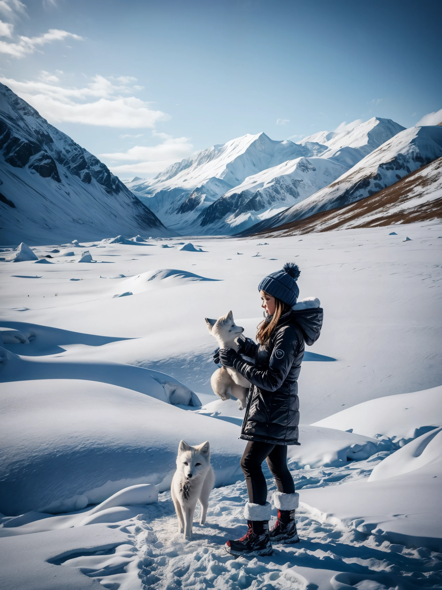 girl plying with arctic fox, snowy landscape