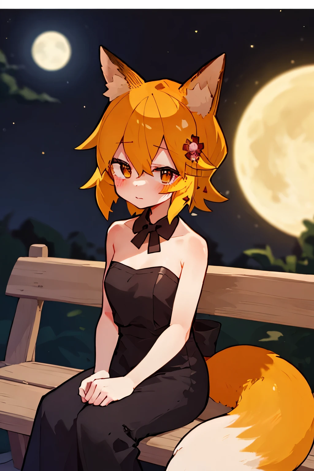 masterpiece, best quality, highly detailed, sen, animal ears, fox ears, fox girl, fox tail, hair flower, hair ornament, orange eyes, orange hair, short hair, tail, blush, looking at viewer, , girl, small breasts, detailed hands, keqing (opulent splendor) (genshin impact), official alternate costume, dress, night, strapless dress, looking at viewer, cleavage, black dress, strapless, bare shoulders, bangs, bow, detached collar, ribbon, double bun, two-tone dress, hair ornament, black bow, hair ribbon, blue dress, bowtie, sitting on bench