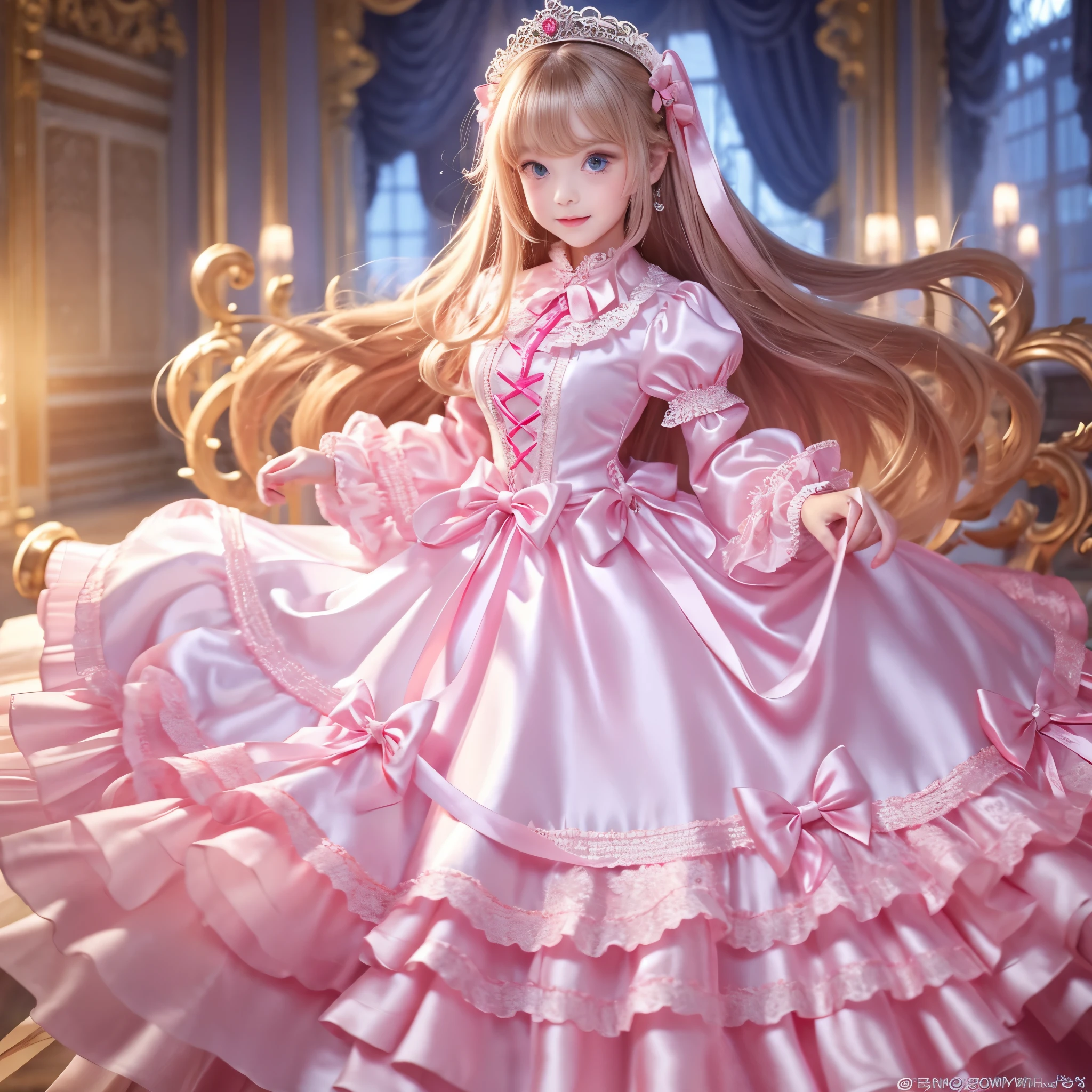 ,highest quality, masterpiece, highest resolution, artwork, super それにget used to it, many get used to it, get used to it, それにget used to it, 3K realistic photos,,(( girls)),Super detailed baby face,both arees,Full length ball gown dress with hoop skirt,ruffled yoke collar,Detailed chest braided ribbon,puff sleeves,long sleeve,((Lolita style hot pink detailed princess satin dress、Comes with lots of frills and ribbons。)),crazy'colorful fashion,shiny silk satin dress,soft and smooth silk satin fabric,luxury,long blonde hair,blue eyes,white skin european,pajamas,((inside the palace)),Princess dancing happily,gorgeous flowing dress,Detailed white ruffles and lace,