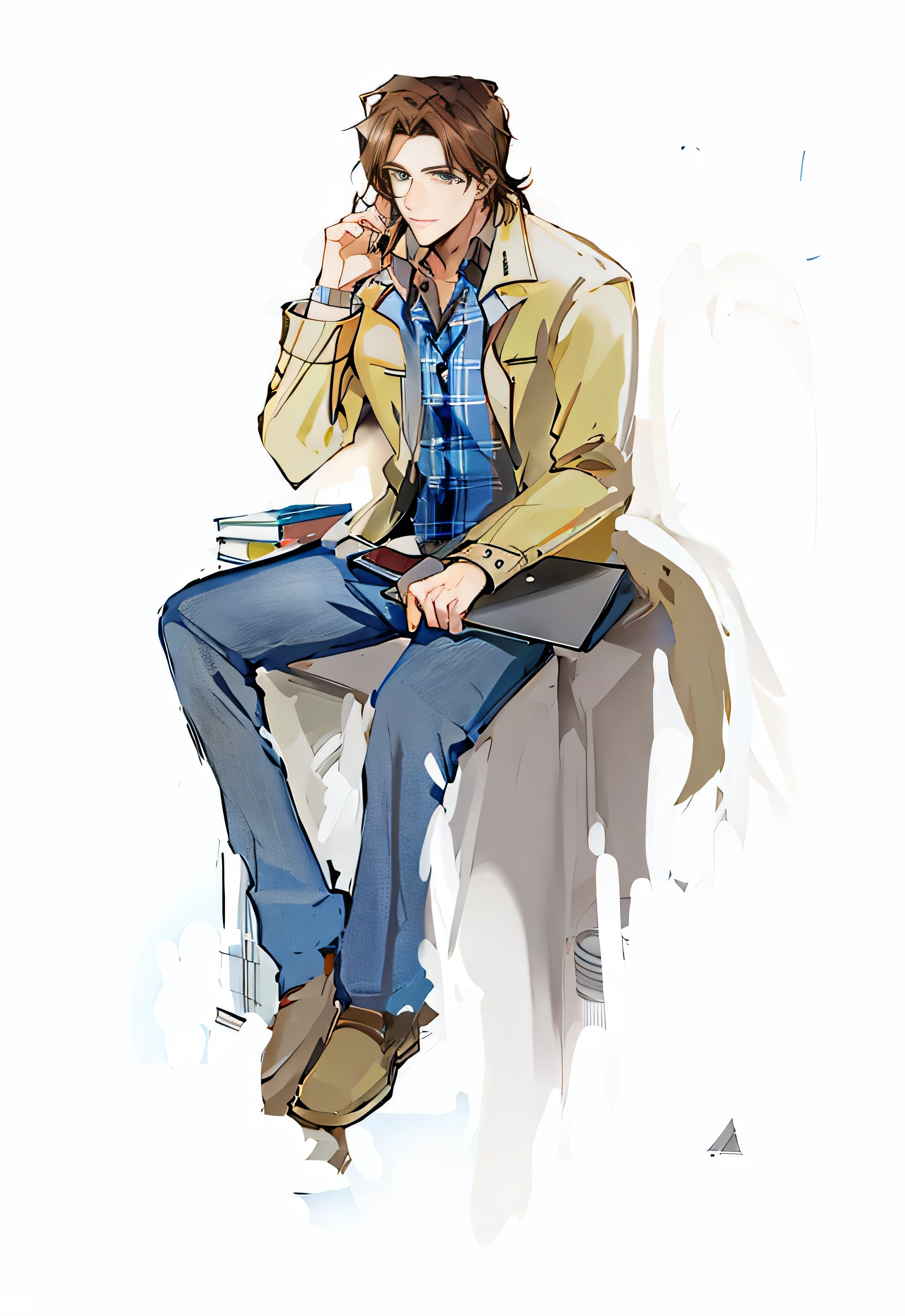 two-dimensional,cartoon,handsome man,young people, Wearing a plaid shirt and jacket,jeans,HD,4k,Correct structure,sitting,holding notebook,Answer the phone,Medium parted slightly long hair,brown hair green eyes,sit on the table,There are books on the table,面部Correct structure