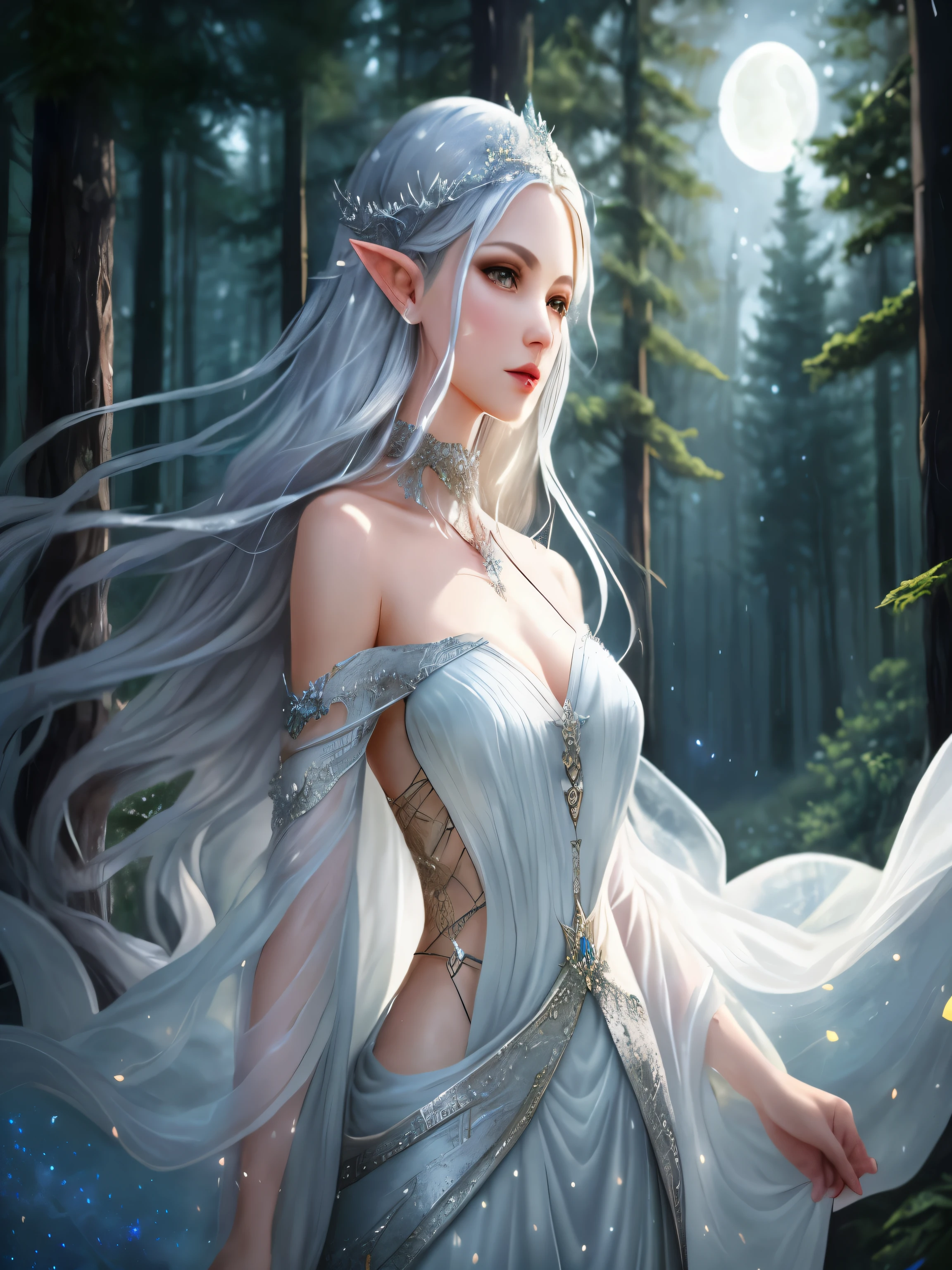 a woman in a white dress is standing in the woods, beautiful and elegant elf queen, beautiful elven princess, beautiful fantasy art, elven princess, fantasy art style, detailed fantasy art, highly detailed fantasy art, fantasy style art, detailed fantasy digital art, very beautiful elven top model, epic fantasy art style hd, very beautiful fantasy art, elf princess