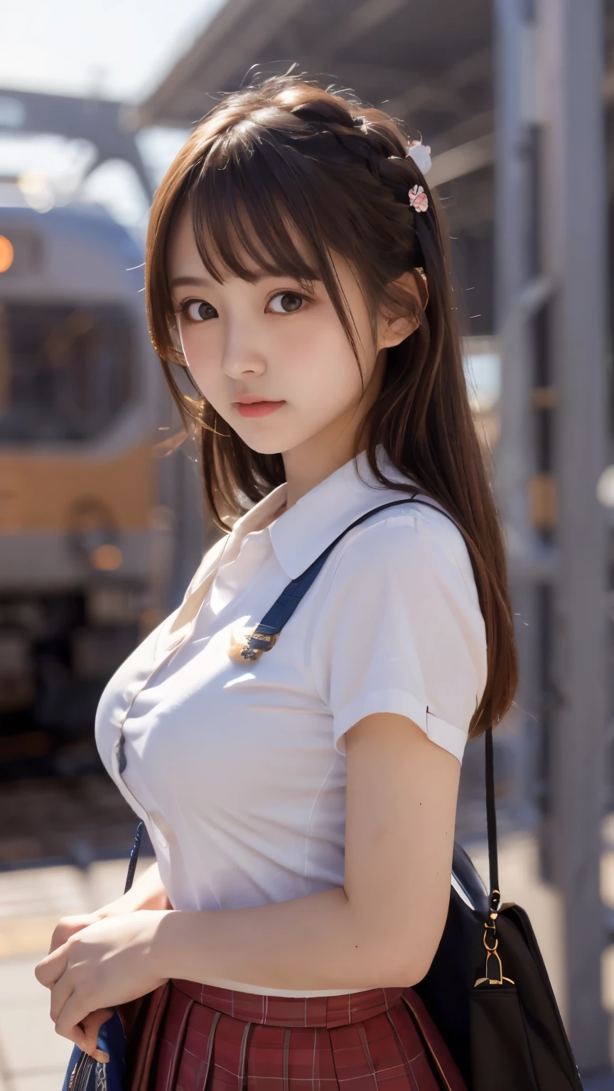 (masterpiece:1.2, highest quality), bokeh, 1 high school girl, 
(Japanese idle:1.6), Plump breast, Blushed face, Looking at the viewer, standing at the train railway, high school uniform:1.6), sundown, Close up, 
