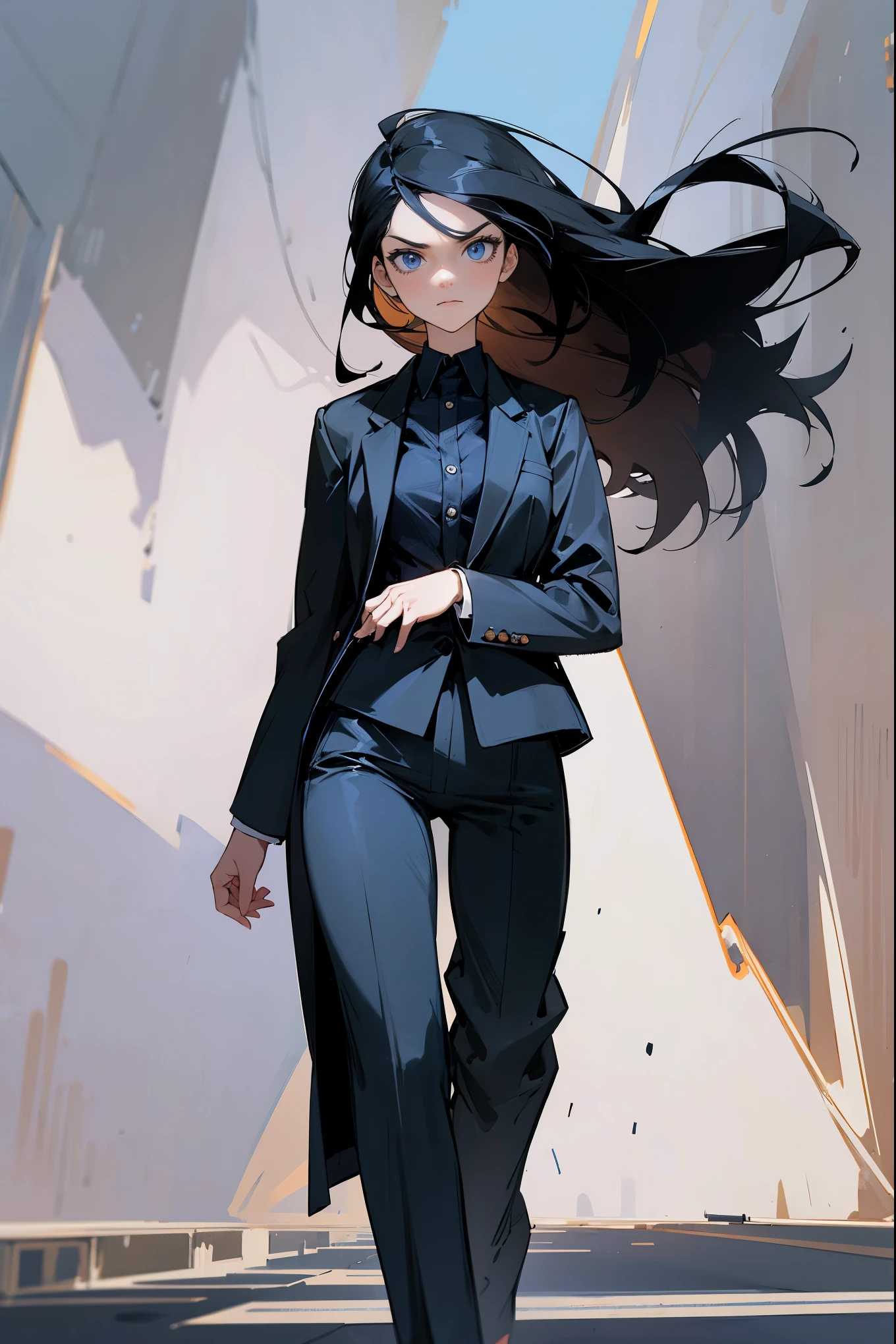 1female, black hair, blue eyes, long messy hair, casual pantsuit, suit, trenchcoat, (((office background))), serious expression, walking on path