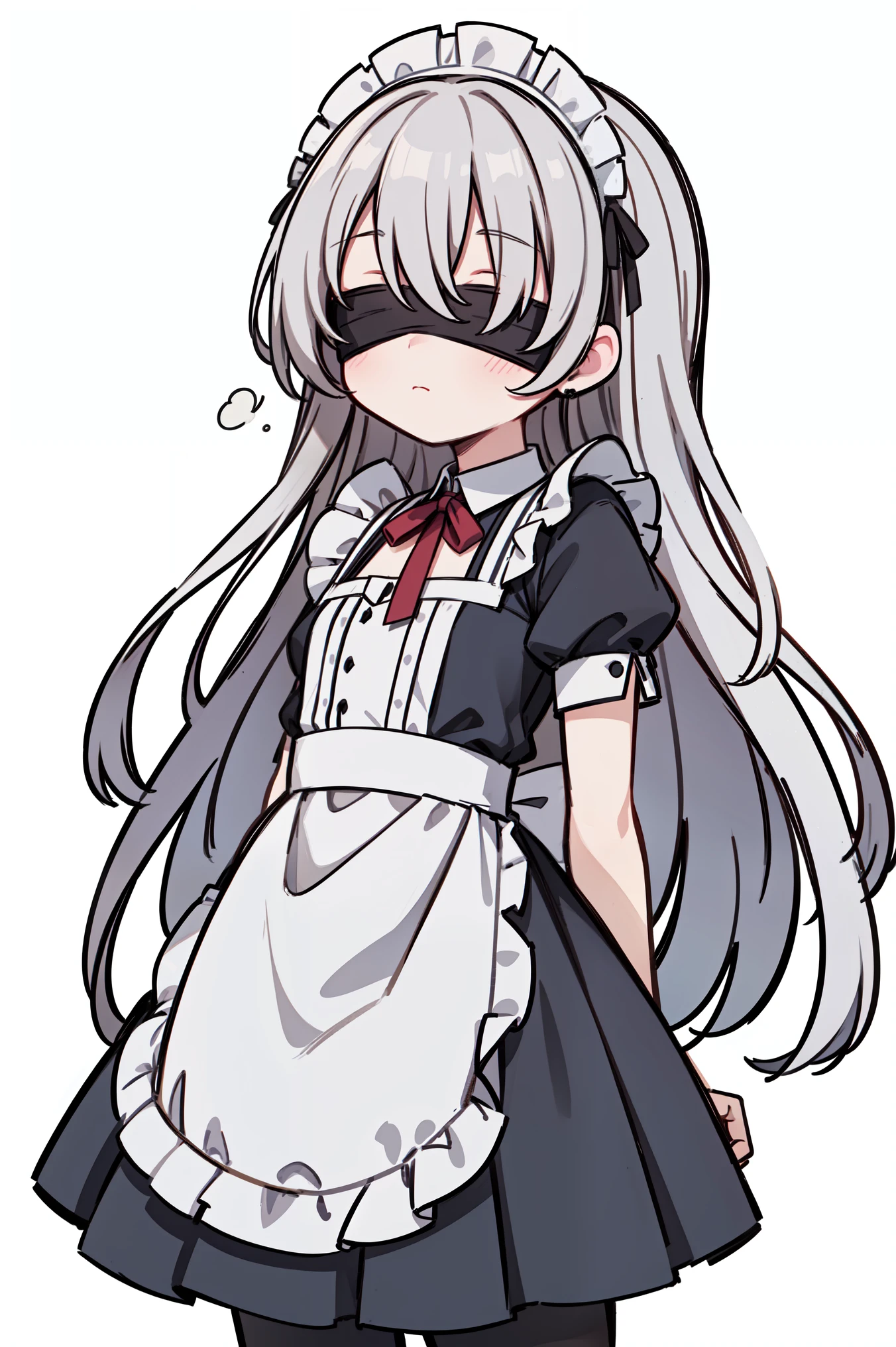 (masterpiece, best quality, ultra high quality, by quan, sketch:1.1), ((portrait)), 1girl, solo, human girl, young with long hair, very long hair, gray hair, straight hair, blunt bangs, hair between eyes, (blindfold, covered both eyes:1.2), small breasts, flat chest, neutral, innexpressive, small smile, :<, wearing a victorian white dress, maid, maid dress, white apron, long dress skirt, leggings, black pantyhose, upper body, standing, hands behind back, isometric lightning, white background, simple background