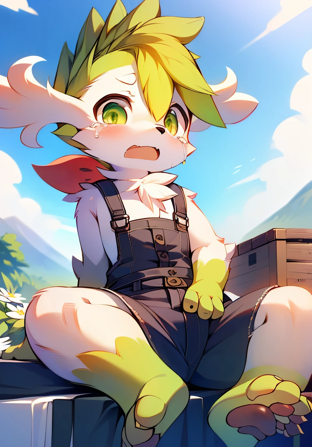 masterpiece,high quality,abstract research,number\(artwork\), yupa, Kiyoyama,(Hana Charcoalo,fluffy fur,Character focus:1.1),Hana Charcoalo male cat,short hair,portrait , eyes are very bright, panoramic, Character focus.(Detailed background:0.7), alone, hairy, hairy male, Shaymin，Sky forme Shaymin，male focus, juvenile，Shota，**********，Hana Charcoal,(全身hairy的, hairy的尾巴, white fur, green eyes, big ear，green hair，Green paws，green feet:1.2), (canine、overalls shorts：1.2），（External、noon、flower field：1.1）Mountains and fields，albani flower，lederhosen, Lovely，red scarf，sit on the floor, crying with tears, sad