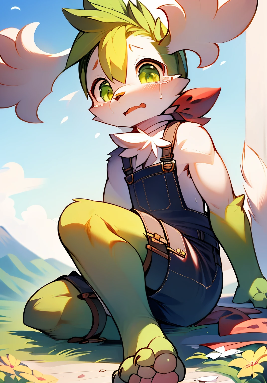 masterpiece,high quality,abstract research,number\(artwork\), yupa, Kiyoyama,(Hana Charcoalo,fluffy fur,Character focus:1.1),Hana Charcoalo male cat,short hair,portrait , eyes are very bright, panoramic, Character focus.(Detailed background:0.7), alone, hairy, hairy male, Shaymin，Sky forme Shaymin，male focus, juvenile，Shota， boy，Hana Charcoal,(全身hairy的, hairy的尾巴, white fur, green eyes, big ear，green hair，Green paws，green feet:1.2), (canine、overalls shorts：1.2），（External、noon、flower field：1.1）Mountains and fields，albani flower，lederhosen, Lovely，red scarf，sit on the floor, crying with tears, sad