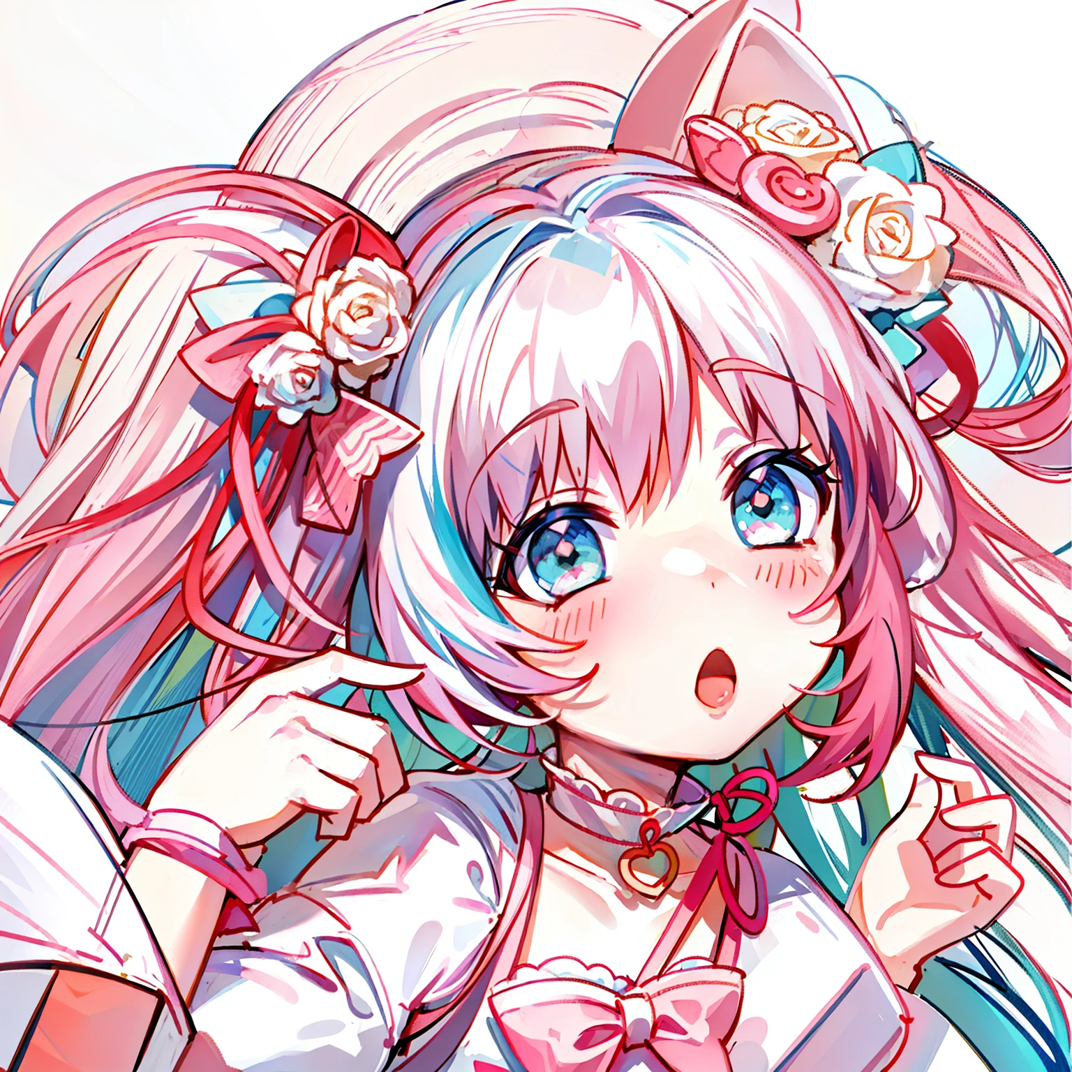 Masterpiece,Best quality, White background, (10:1girll), (10:One guy), Very long hair, White and pink hair , Love decoration , Multiple cyan and pink bows, White and pink pair of cat ears , Cyan eyes , Look straight ahead , love heart , Pink bow tie , White clothes , 5:Open mouth, 5:teeth