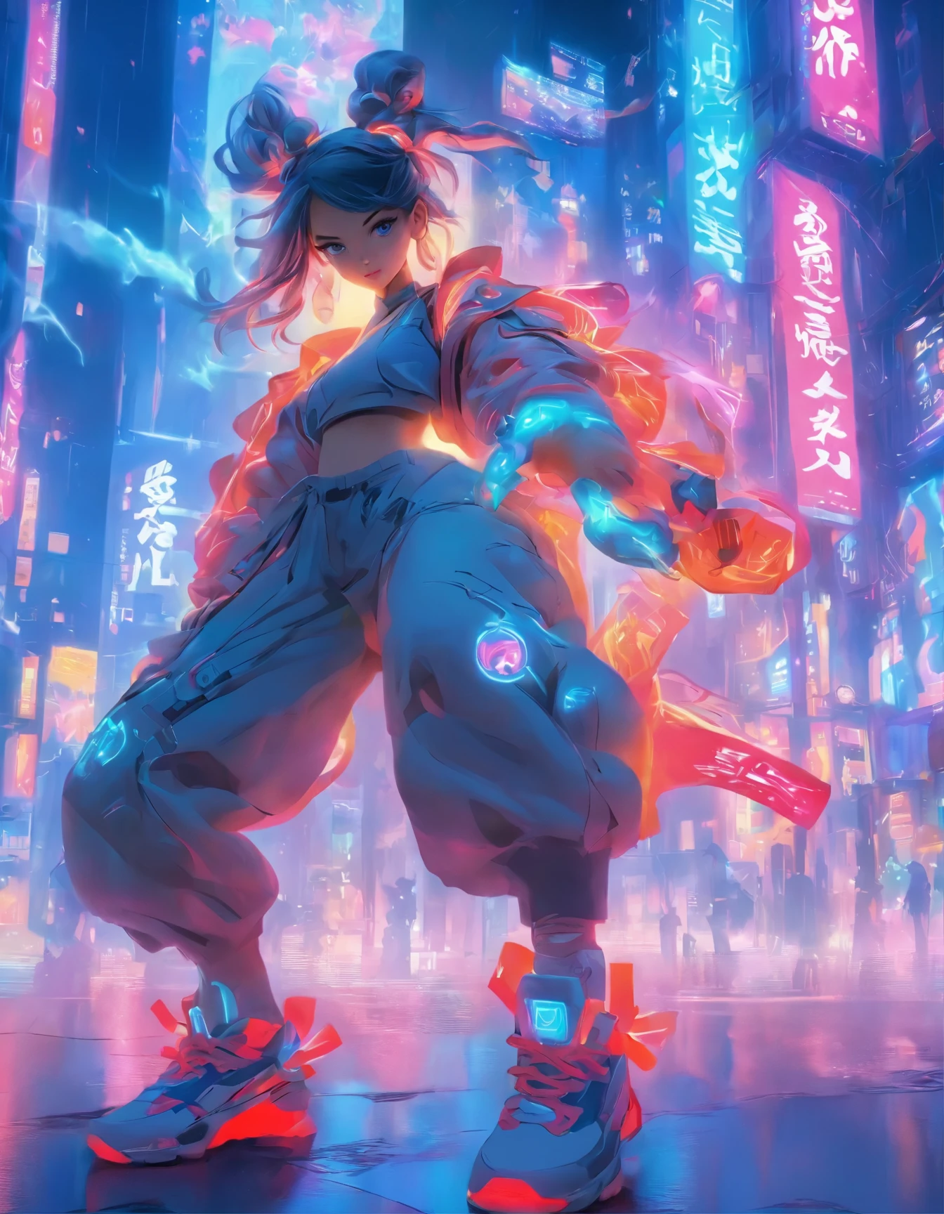(best quality:1.3),(masterpiece:1.2),16k,level picture quality,future technology,1girl,A Chinese kung fu girl wearing a cyberpunk-style mecha costume,dynamic poses,(glowing electronic screen),(Electronic information flow:1.3),Holographic projection,(Glowing electronic screen on arm:1.2),whole body多线条光条,Luminous text on thigh,(girl pose:1.2),Glowing electronic shoes,whole body,Colored smoke,City blocks,skyscraper,neon lights,