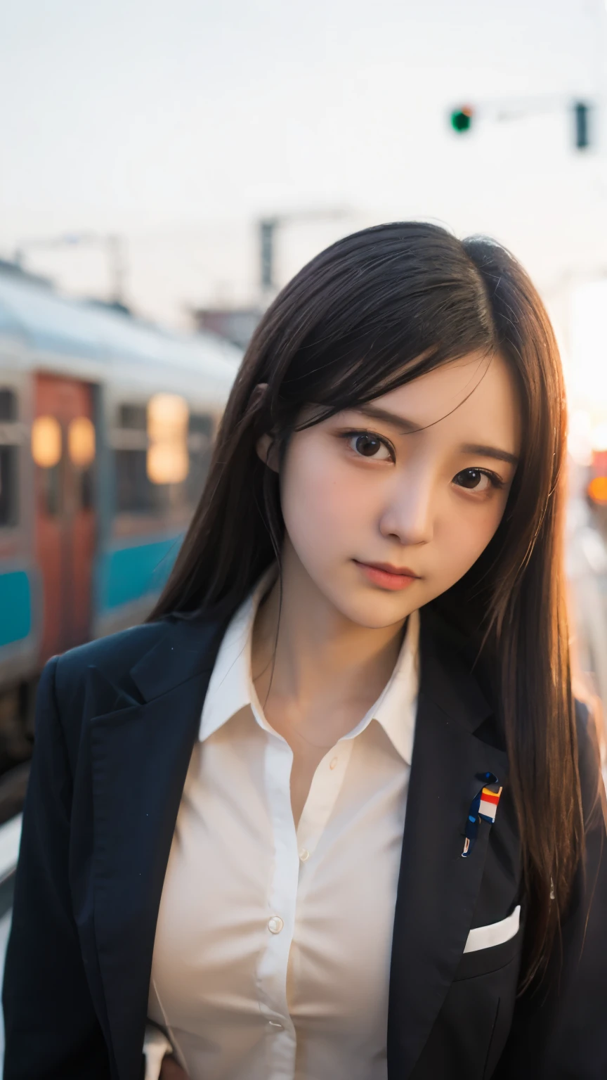 (masterpiece:1.2, highest quality), bokeh, 1 high school girl,
(Japanese idle:1.6), Plump breast, Blushed face, Looking at the viewer, standing at the train railway, high school uniform:1.6), sundown, Close up,