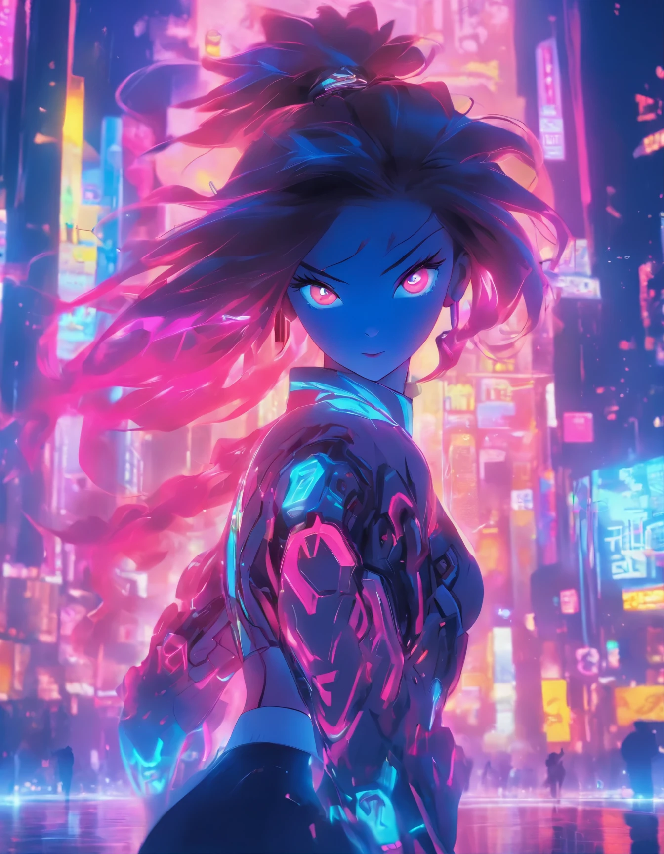 (best quality:1.3),(masterpiece:1.2),16k,level picture quality,future technology,1girl,A Chinese kung fu girl wearing a cyberpunk-style mecha costume,dynamic poses,(glowing electronic screen),(Electronic information flow:1.3),Holographic projection,(Glowing electronic screen on arm:1.2),whole body多线条光条,Luminous text on thigh,(girl pose:1.2),Glowing electronic shoes,whole body,Colored smoke,City blocks,skyscraper,neon lights,