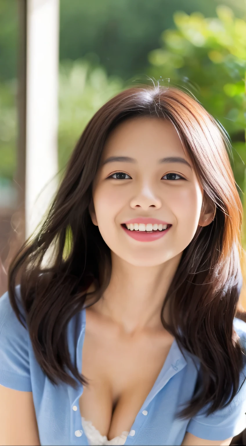 Japanese ),((beautiful girl)),cleavage,An expression that imagines something pleasant:1.2,(perfect body beauty:1.2),((perfect body)),(shy smile),beautiful teeth,