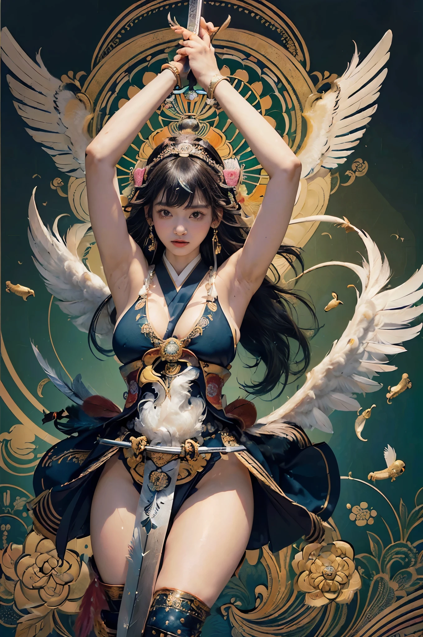 Official Art, Unified 8K Wallpapers, Ultra Detailed, Beautiful and Aesthetic, Masterpiece, Best Quality, (Zentangle, Tangle, Entangle), (fractal art: 1.4), (character center: 1.3), 1girl, black hair, Chinese, off-the-shoulders, short skirt, calf, navel, very detailed, dynamic angle, cowboyshot, (most beautiful form of chaos), ethereal, (bright colors), oc, (half: 1.2), china, (thangka flying sky: 1.5), (ribbon: 1.3), (dream: 1.5), (hanfu: 1.5), Chinese dragon, Chinese phoenix, (smile: 0.5), ( Chinese deities),
