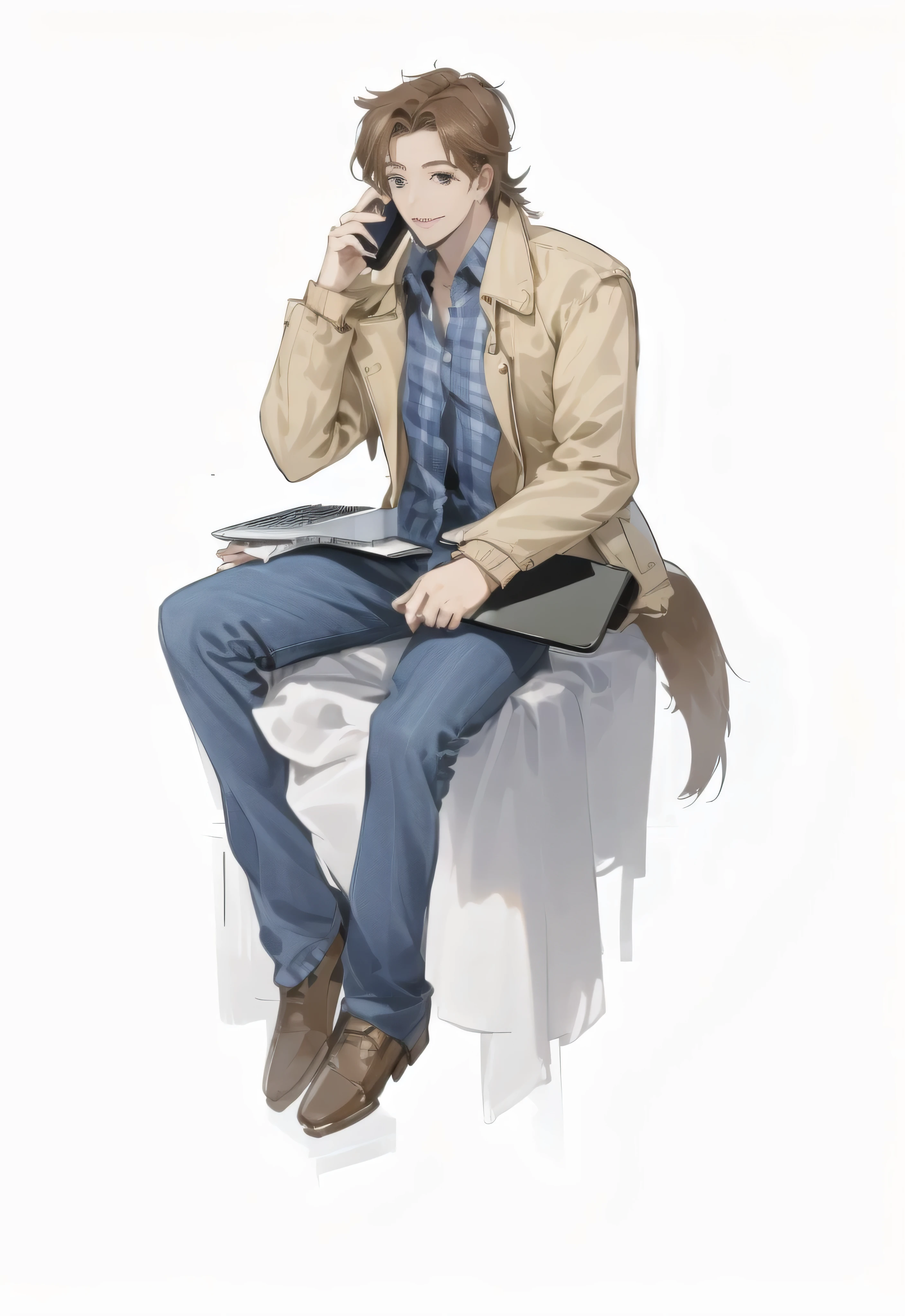 two-dimensional，cartoon，handsome man，young people， Wearing a plaid shirt and jacket，jeans，HD，4k，Correct structure，sitting，Holding laptop electronics，Answer the phone，Medium parted slightly long hair，brown hair green eyes，sit on the table，There are books on the table，面部Correct structure,Has a dog tail and ears，