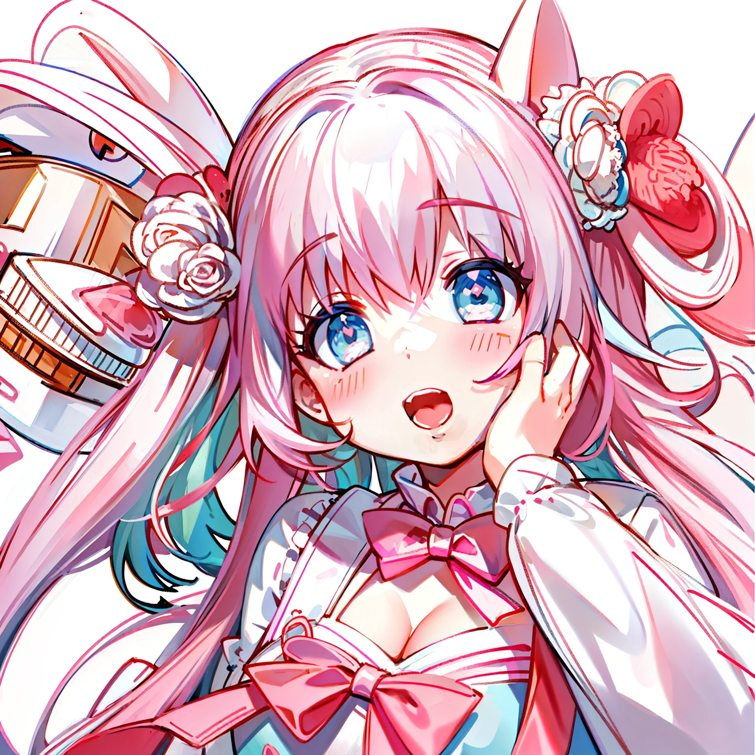 Masterpiece,Best quality, White background, (10:1girll), (10:One guy), Very long hair, White and pink hair , Love decoration , Multiple cyan and pink bows, White and pink pair of cat ears , Cyan eyes , Look straight ahead , love heart , Pink bow tie , White clothes , 5:Open mouth, 5:teeth