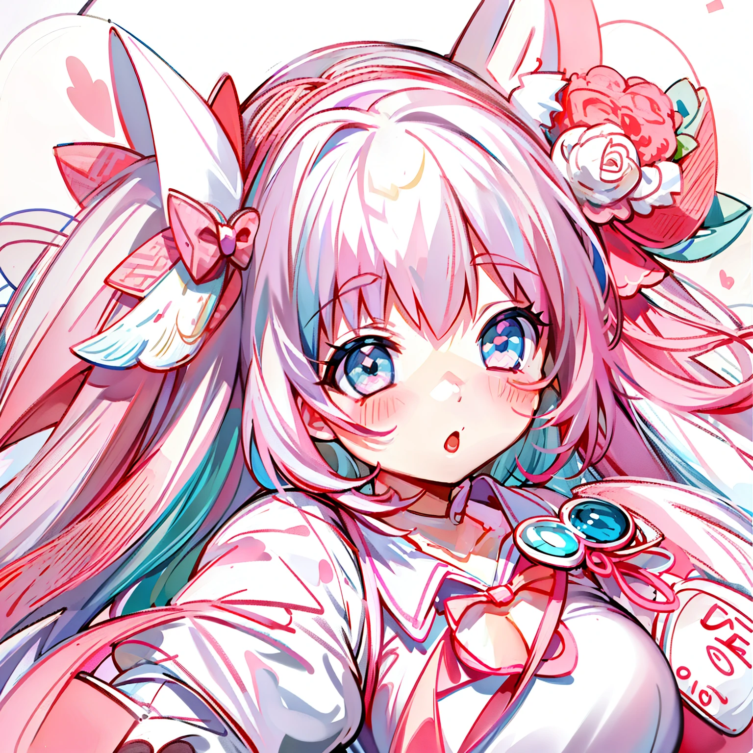 Masterpiece,Best quality, White background, (10:1girll), (10:One guy), Very long hair, White and pink hair , Love decoration , Multiple cyan and pink bows, White and pink pair of cat ears , Cyan eyes , Look straight ahead , love heart , Pink bow tie , White clothes , 5:Open mouth, 5:teeth