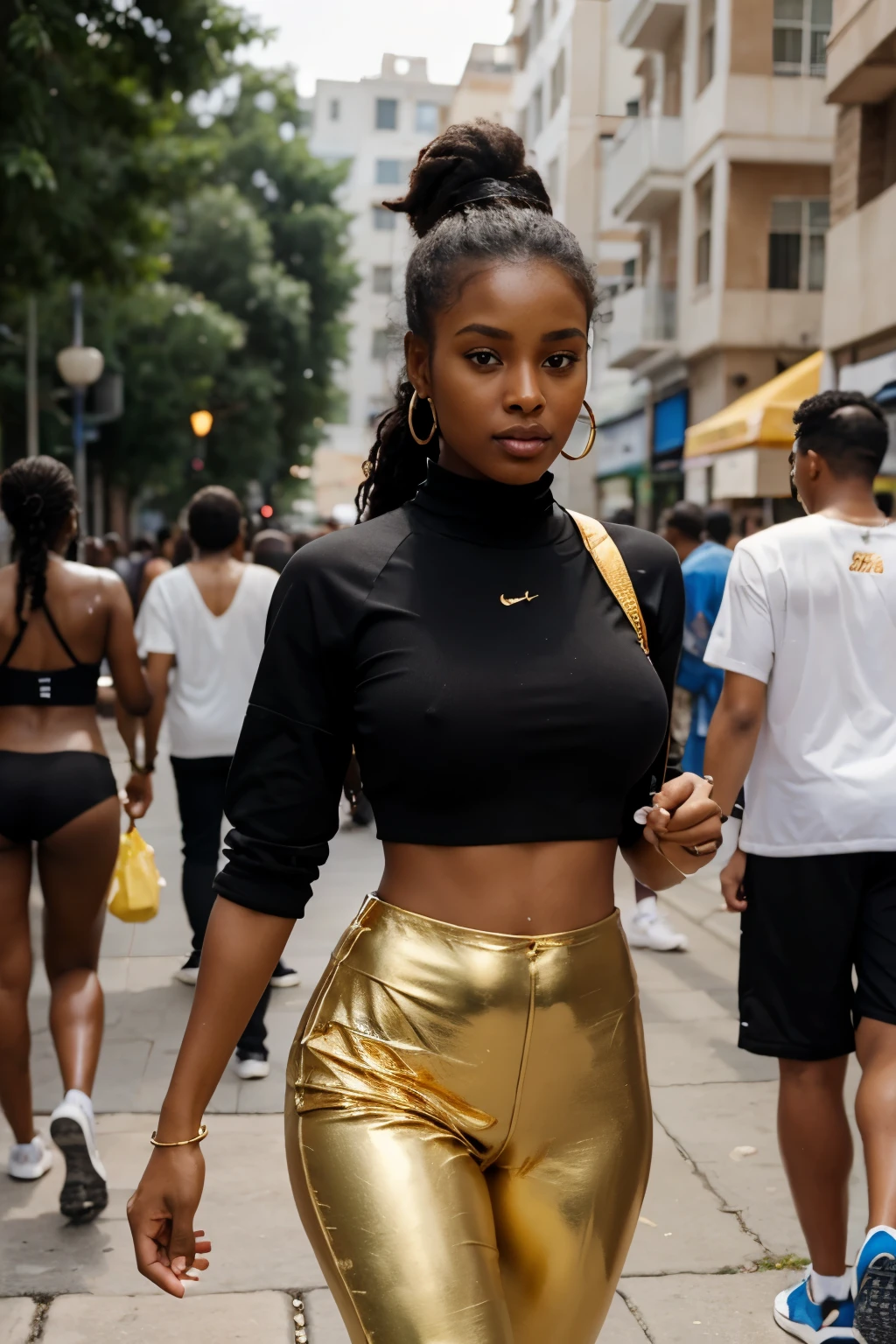 young Somali woman 25 years old, large afro puff ponytail, caramel skin, wearing gold jewelry wearing workout out clothes walking through a crowd