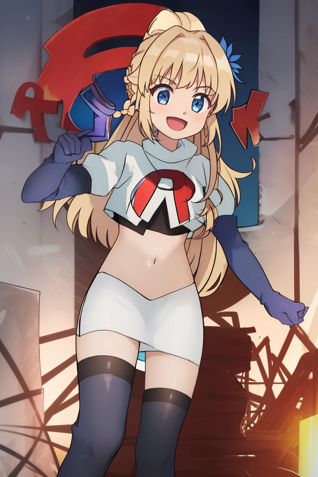 luna, 1girl, solo, long_hair, bangs, blue_eyes, blonde_hair, hair_ornament, ponytail, braid, flower, :d, hair_flower, blue_flower, team rocket,team rocket uniform, red letter R, white skirt,white crop top,black thigh-highs ,black elbow gloves
