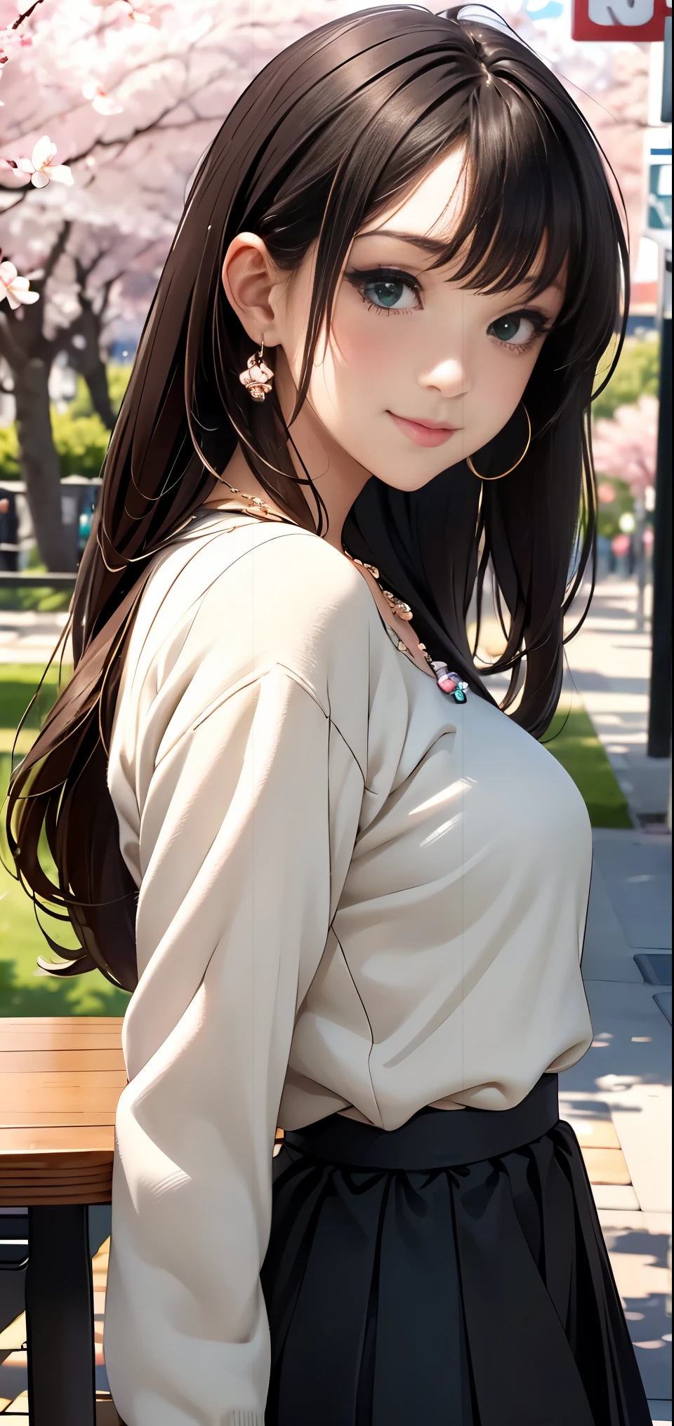 ((table top, highest quality, High resolution, nffsw, perfect pixel, Depth of written boundary, 4k, nffsw, nffsw))), 1 girl, single, alone, beautiful anime girl, beautiful art style, anime character, ((long hair, bangs, brown hair)), ((green eyes:1.4, round eyes, beautiful eyelashes, realistic eyes)), ((detailed face, blush:1.2)), ((smooth texture:0.75, realistic texture:0.65, realistic:1.1, Anime CG style)),  dynamic angle, ((black sweater, long sleeve, black skirt, plaid skirt, Snazzy, 1 diamond necklace)), smile,  amusement park, ((cherry blossoms, cherry blossomsの花が散る))