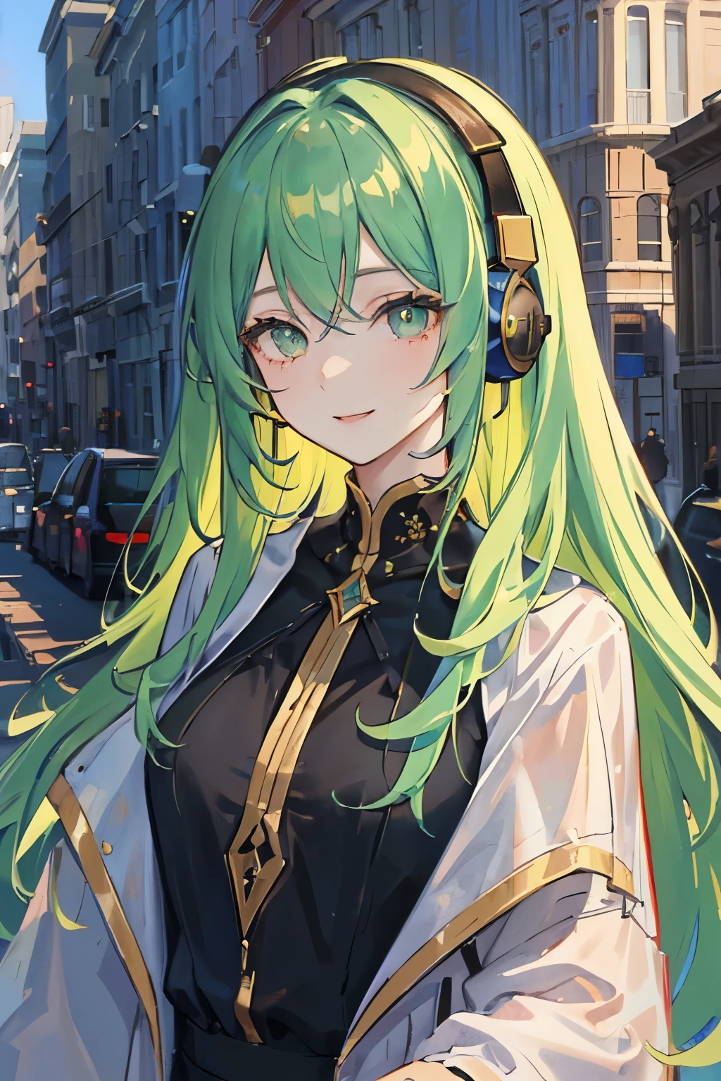 (masterpiece, side light, Super detailed, detailed and beautiful eyes: 1.2), 1 girl,, building, from the front, headphones, Jacket, long hair, green hair, profile, alone, outdoors、 Upper body, masterpiece, highest quality、close your mouth、smile、Wink at me