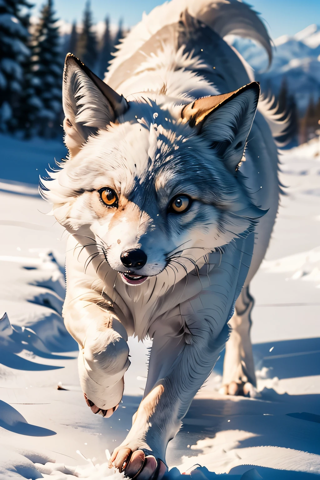 (16k RAW photo,best quality, masterpiece:1.2), (realistic, photo-realistic:1.37), Arctic foxes running around in the snowfield, the snowy landscape all around,