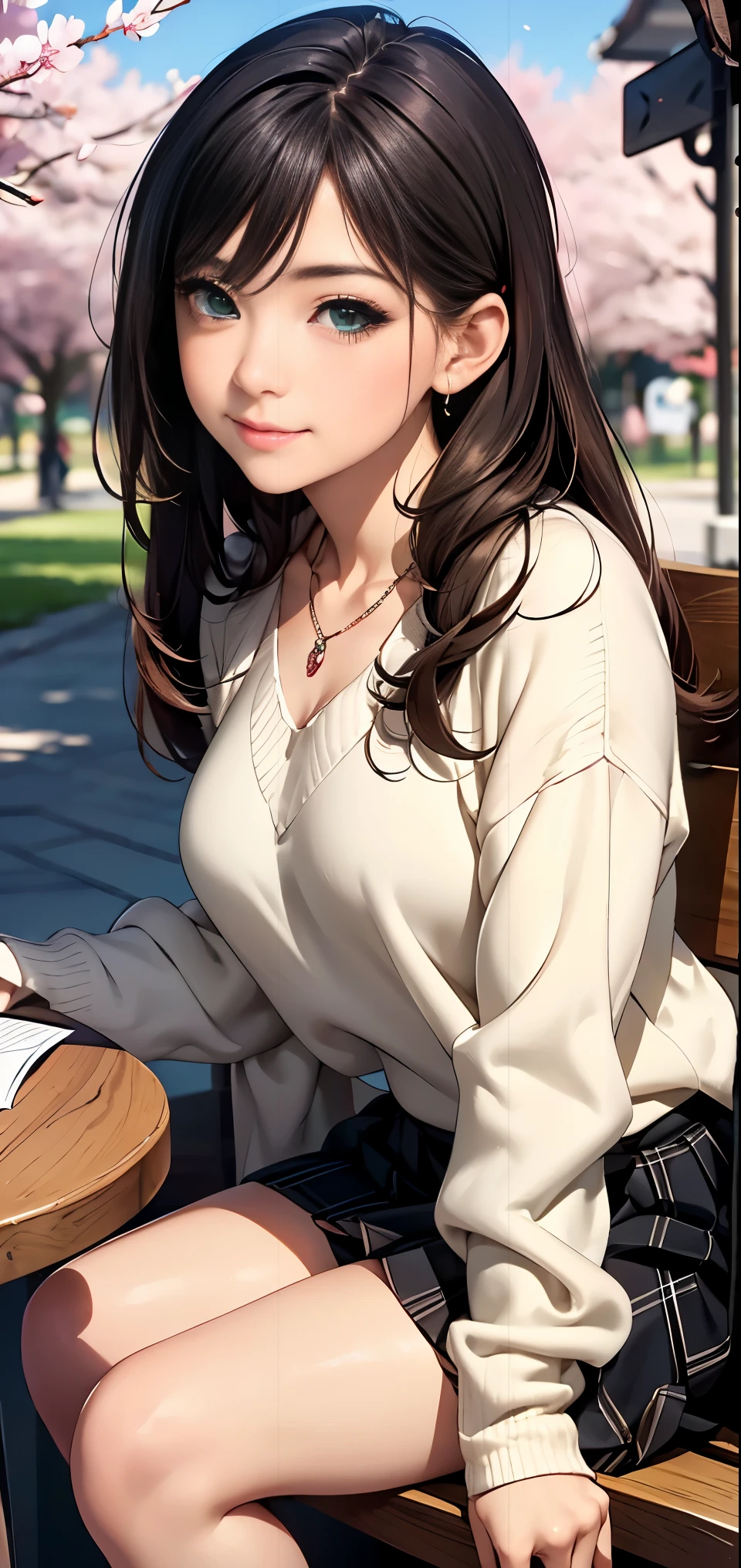((table top, highest quality, High resolution, nffsw, perfect pixel, Depth of written boundary, 4k, nffsw, nffsw))), 1 girl, single, alone, beautiful anime girl, beautiful art style, anime character, ((long hair, bangs, brown hair)), ((green eyes:1.4, round eyes, beautiful eyelashes, realistic eyes)), ((detailed face, blush:1.2)), ((smooth texture:0.75, realistic texture:0.65, realistic:1.1, Anime CG style)), dynamic angle, ((black sweater, long sleeve, black skirt, plaid skirt, Snazzy, 1 diamond necklace)), smile, amusement park, ((cherry blossoms, cherry blossomsの花が散る))