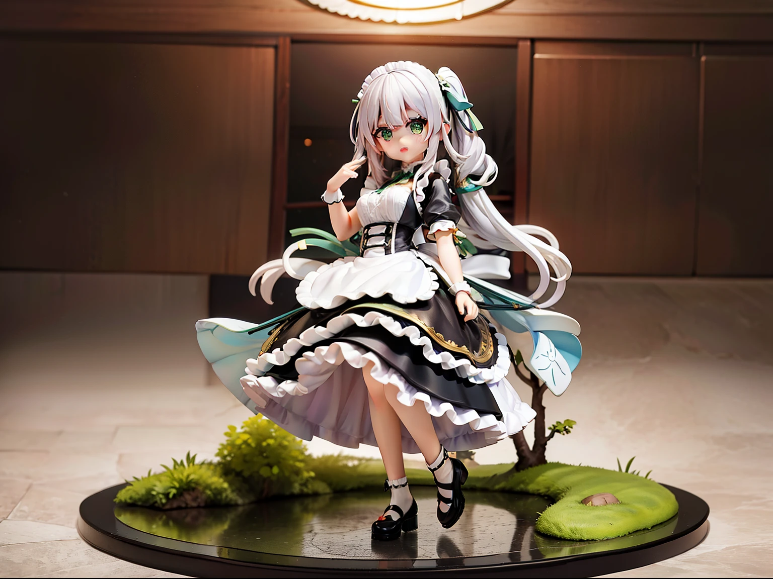 原神nacida，girl，maid outfit，posture，number，stall，Dynamic，stationary，Lively，grace,Figure，nacida，green eyes，white hair，perfect face，more details，cute face，小girl的脸，young，background（indoors），toy base，masterpiece、top quality、super detailed，（whole body），whole body模型，