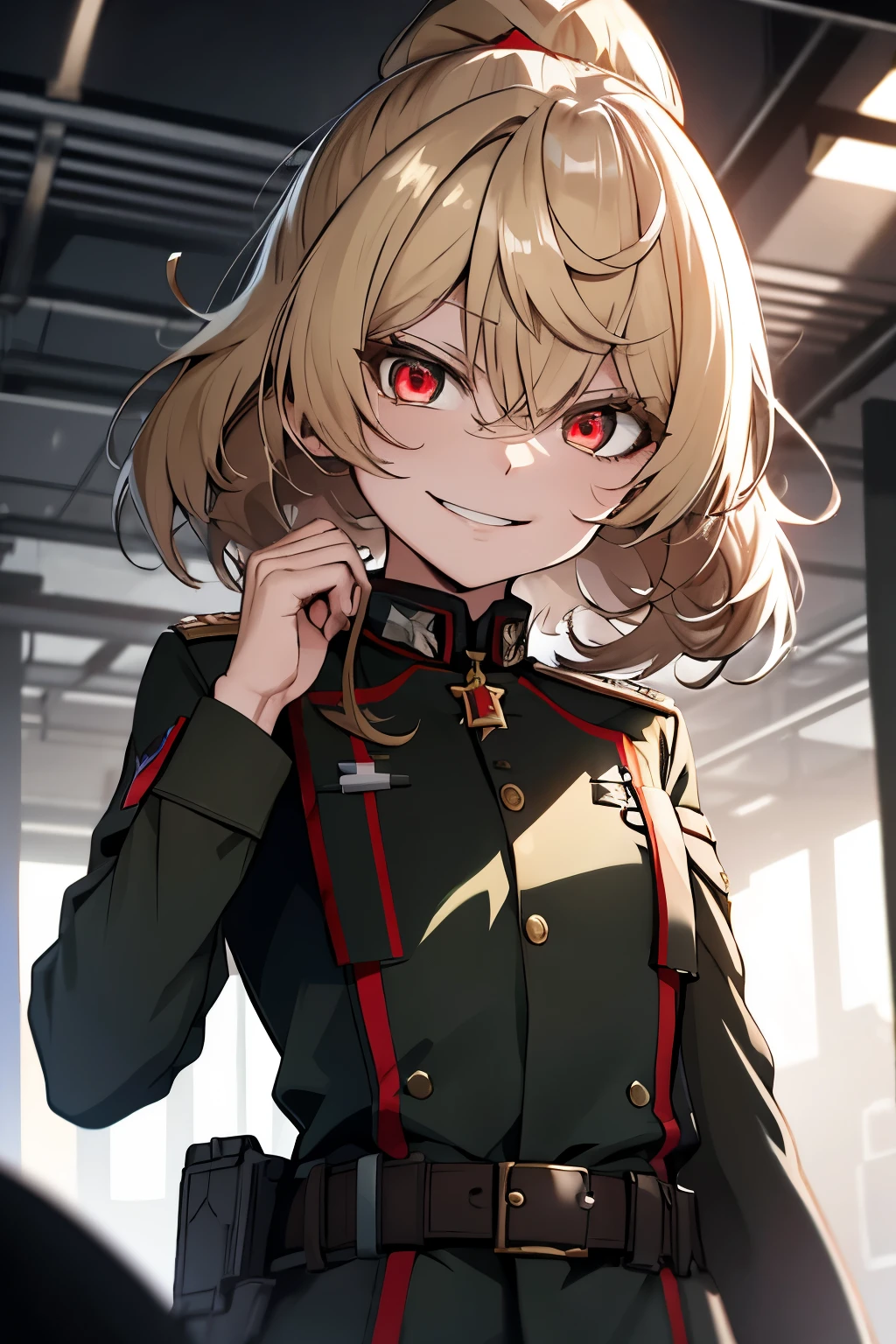 (masterpiece, best quality: 1.1), 1girl solo, tanya, 1girl, solo, , flat chest, small breasts, curvy, military, military uniform, ,, evil smile, wicked expression, anger, red eyes, neutral lighting