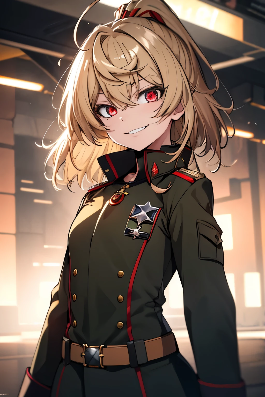 (masterpiece, best quality: 1.1), 1girl solo, tanya, 1girl, solo, , flat chest, small breasts, curvy, military, military uniform, ,, evil smile, wicked expression, anger, red eyes, neutral lighting